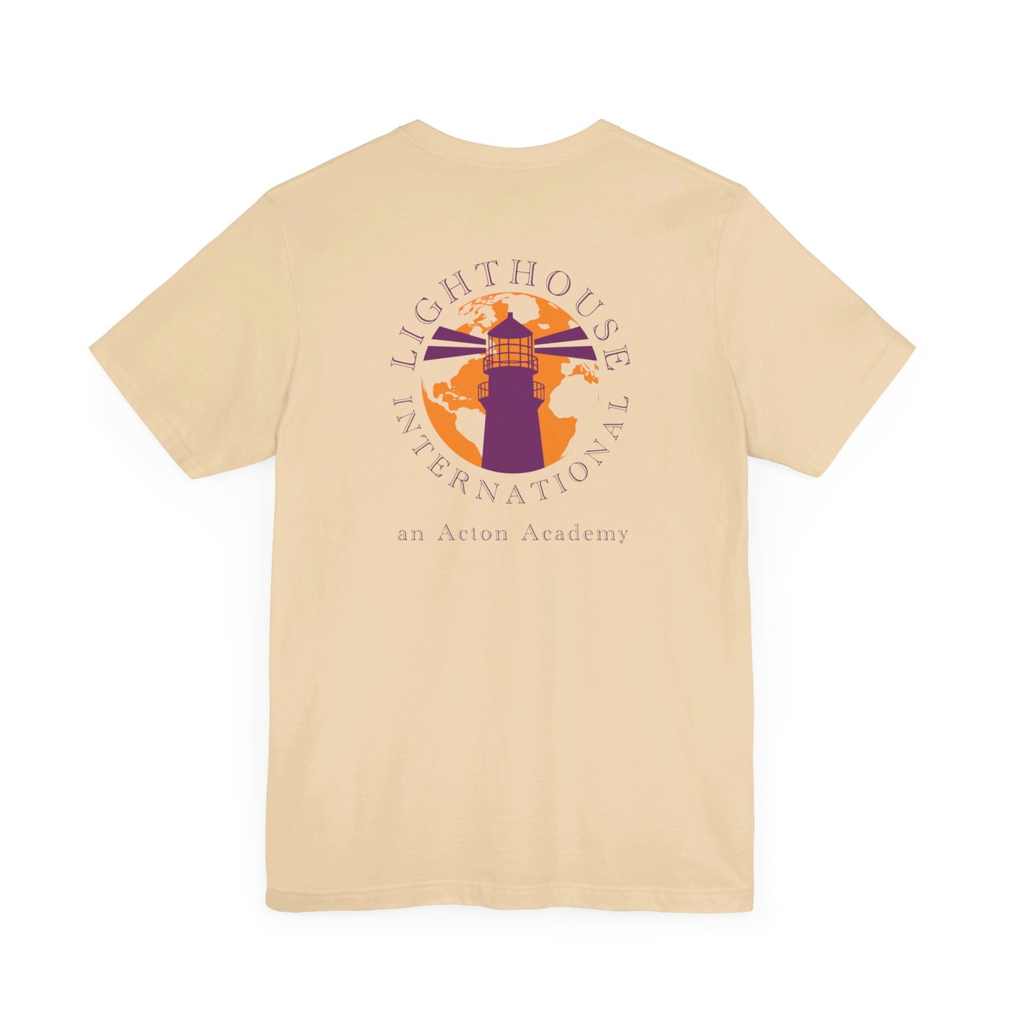 Be Curious with Lighthouse International logo on back Unisex Jersey Short Sleeve Tee