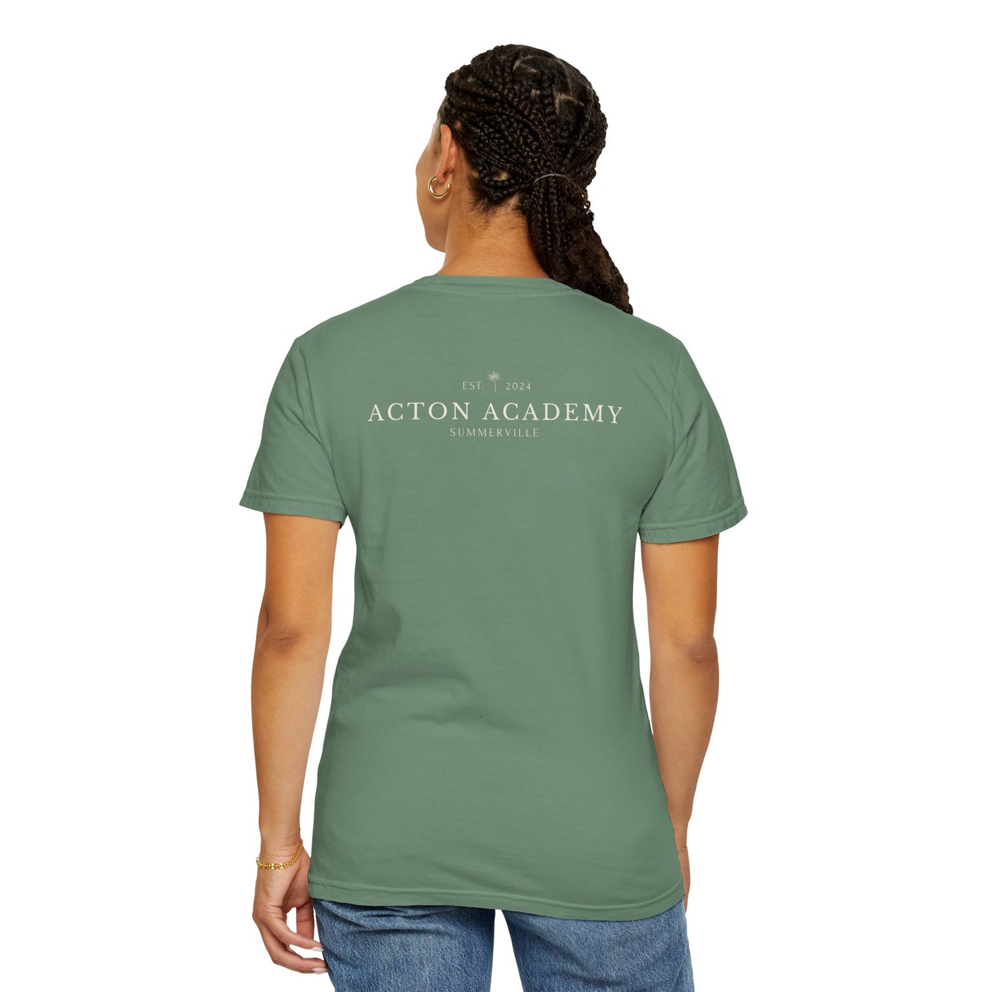 Be Curious Box with small Acton Academy Summerville on back Unisex Garment-Dyed T-shirt
