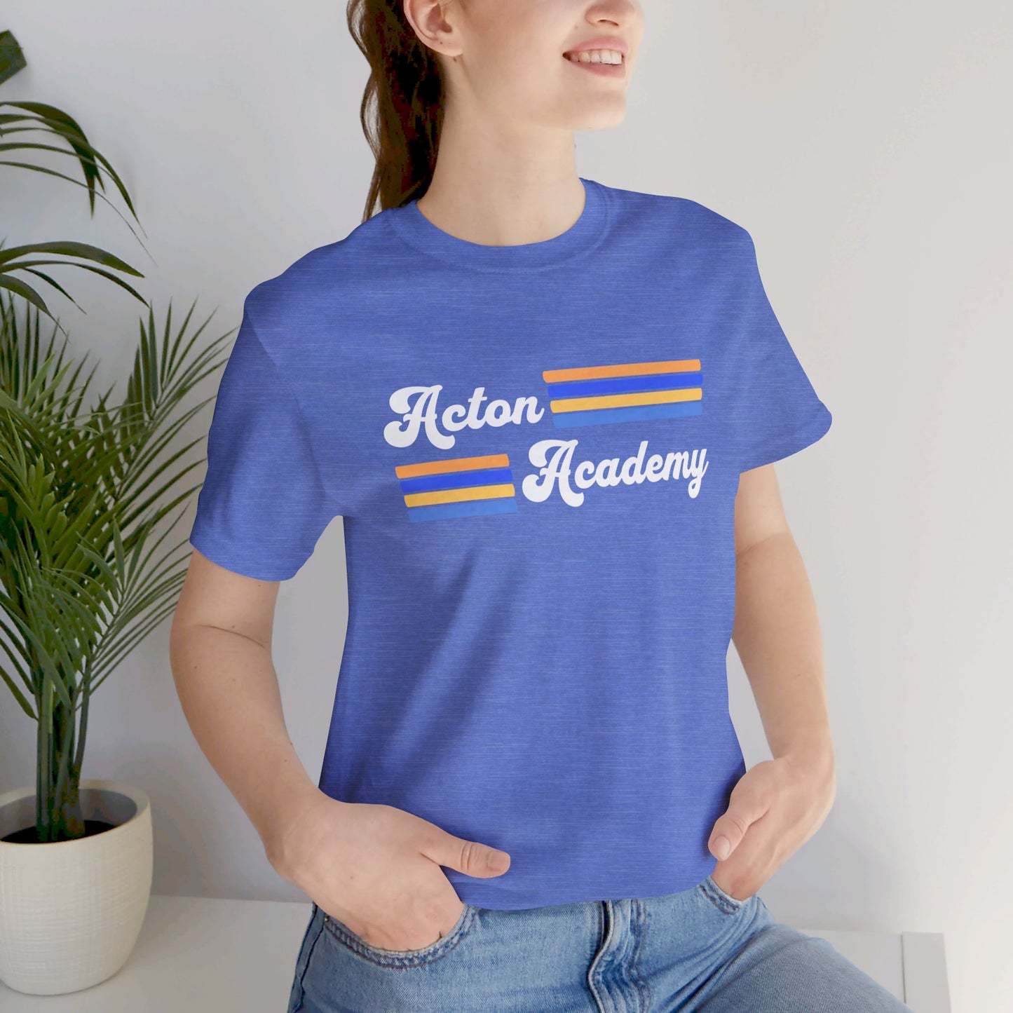 Acton Academy Blue Striped w/ NW Indy on back Unisex Jersey Short Sleeve T-shirt