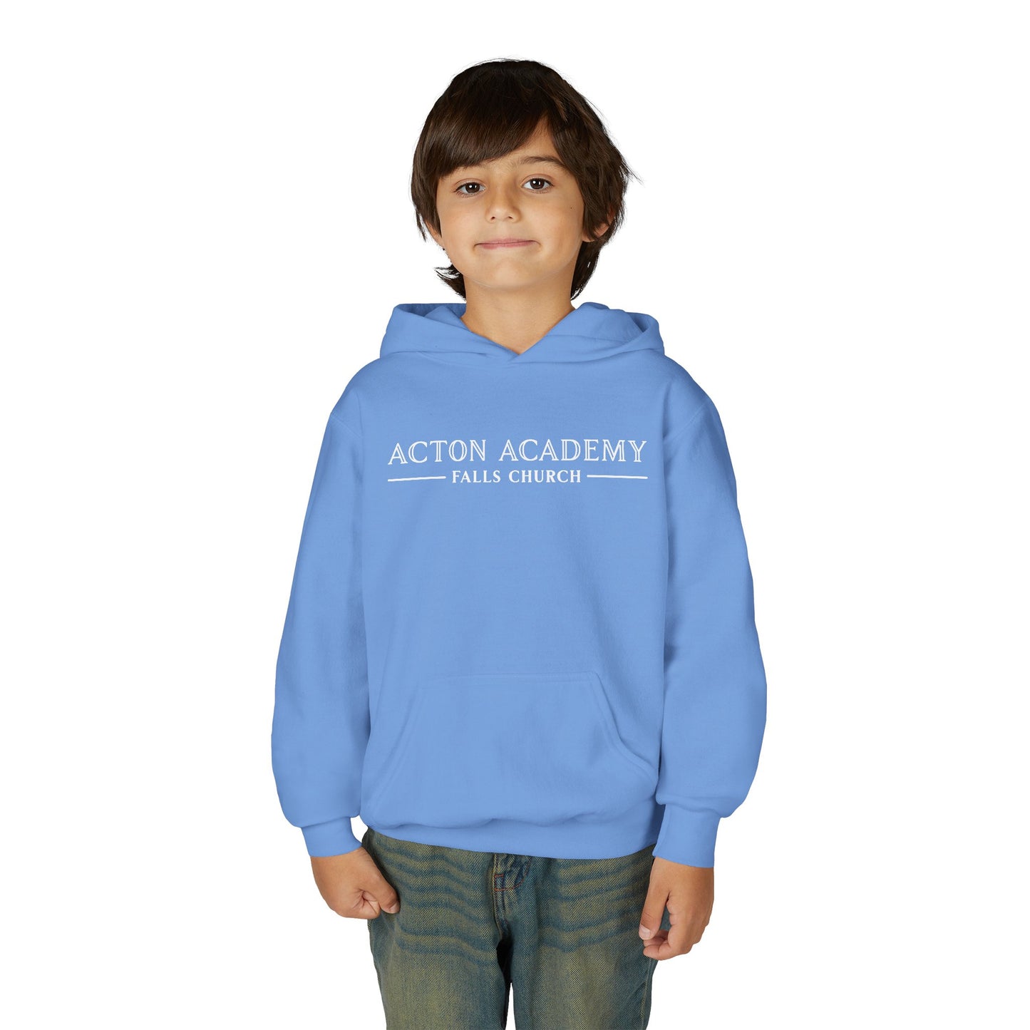 Acton Academy Falls Church White Logo Youth Hooded Sweatshirt