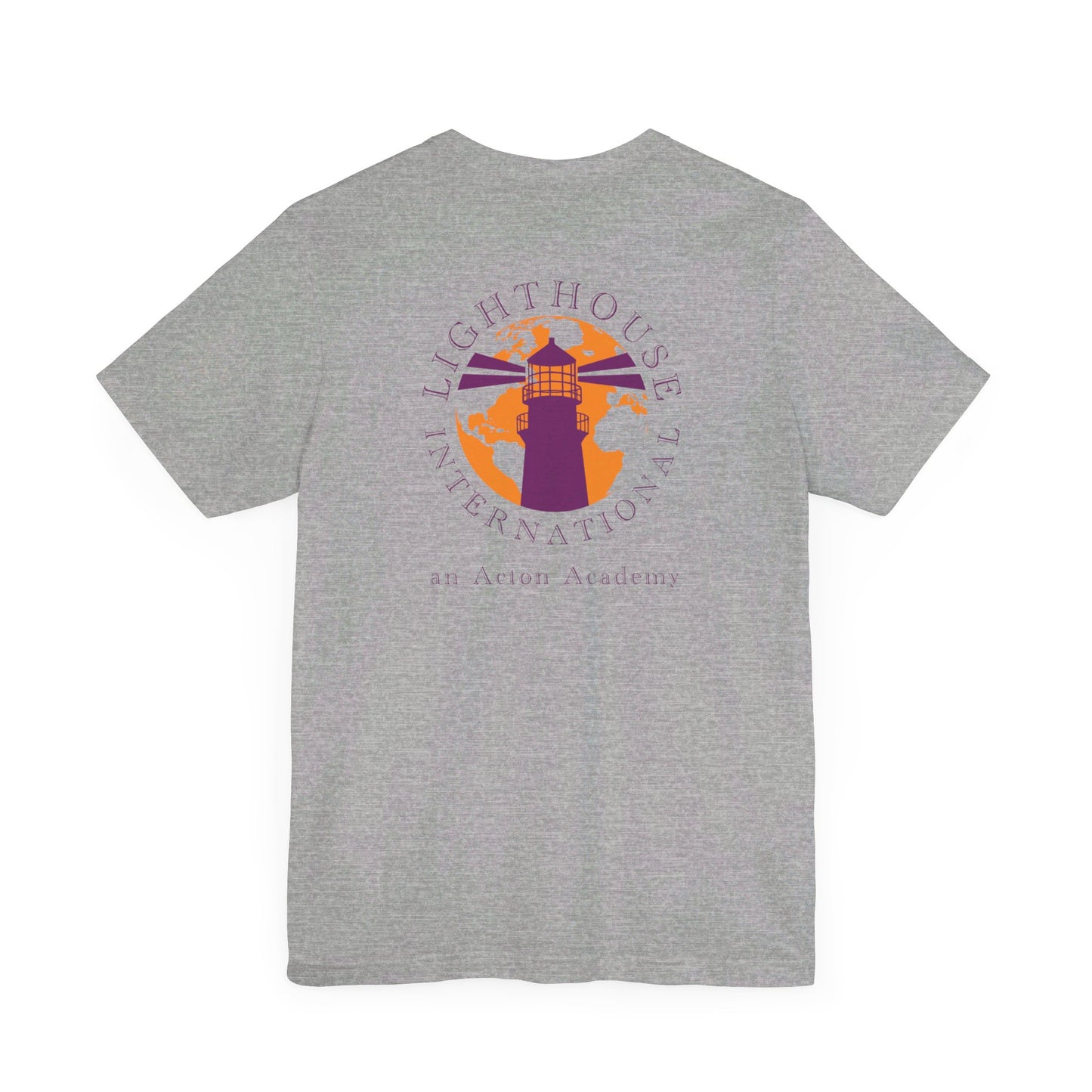 Be Curious with Lighthouse International logo on back Unisex Jersey Short Sleeve Tee