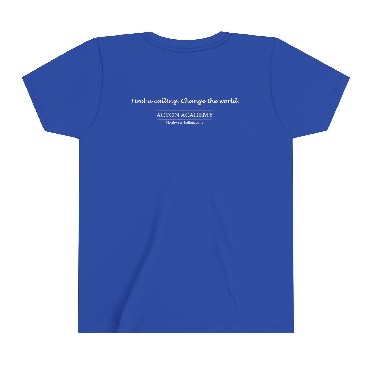 Acton Academy Blue Striped w/NW Indy on back Youth Short Sleeve Tee