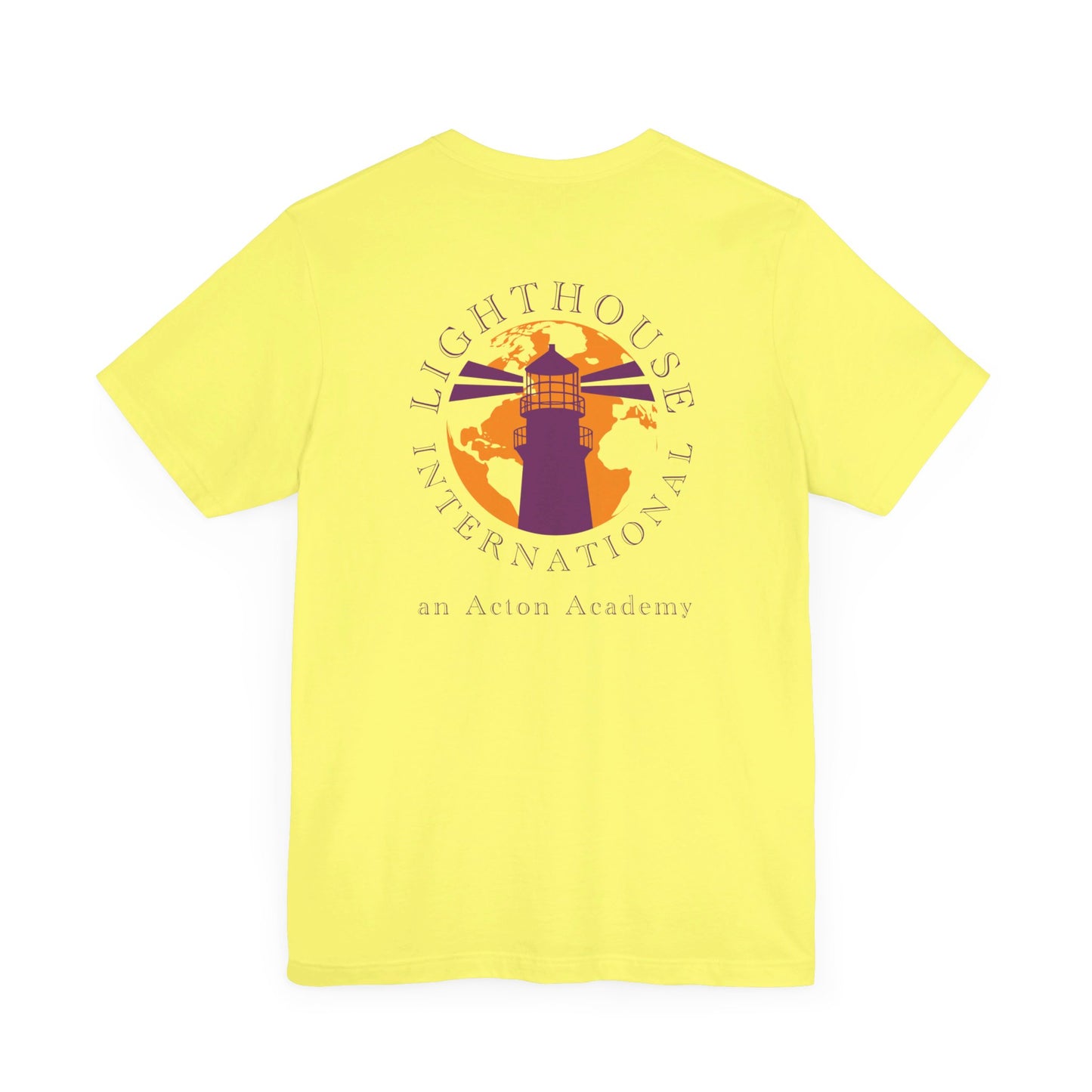 Be Curious simple w/ Lighthouse International on back Unisex Jersey Short Sleeve Tee