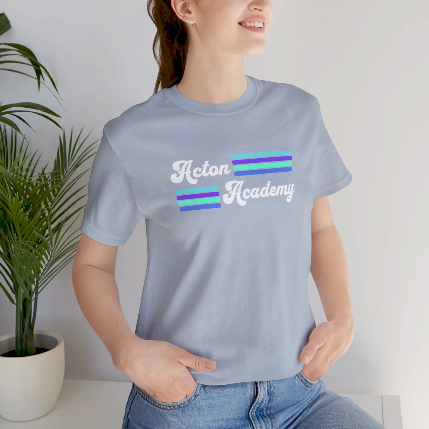 Acton Academy Aqua Striped with Ivy Greene on back Unisex Jersey Short Sleeve Tee