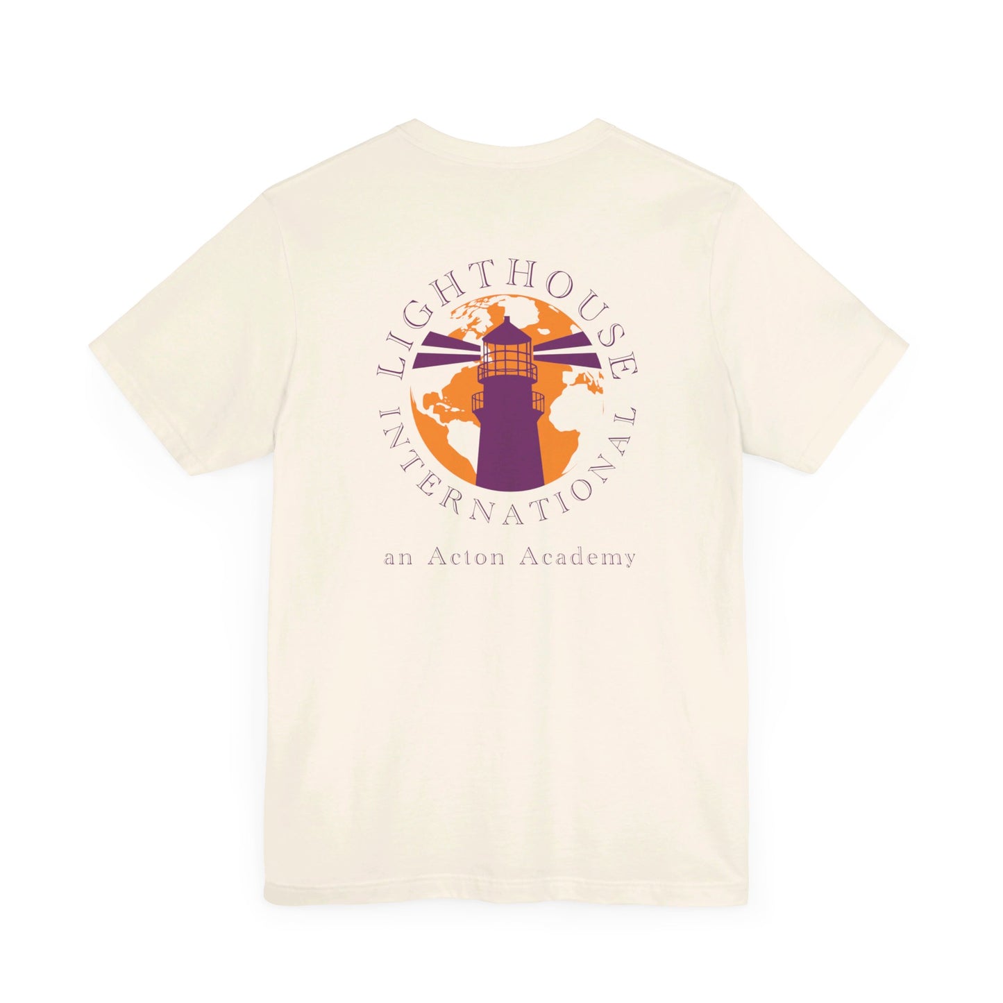 Be Curious simple w/ Lighthouse International on back Unisex Jersey Short Sleeve Tee