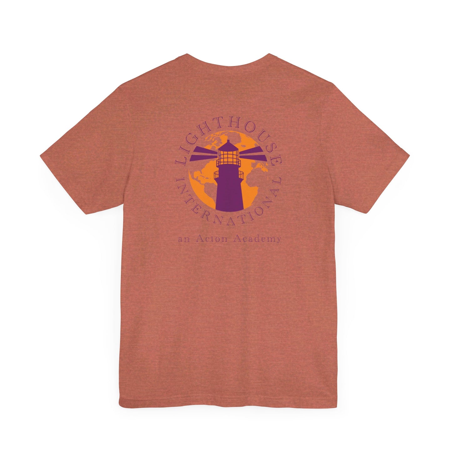 Be Curious with Lighthouse International logo on back Unisex Jersey Short Sleeve Tee
