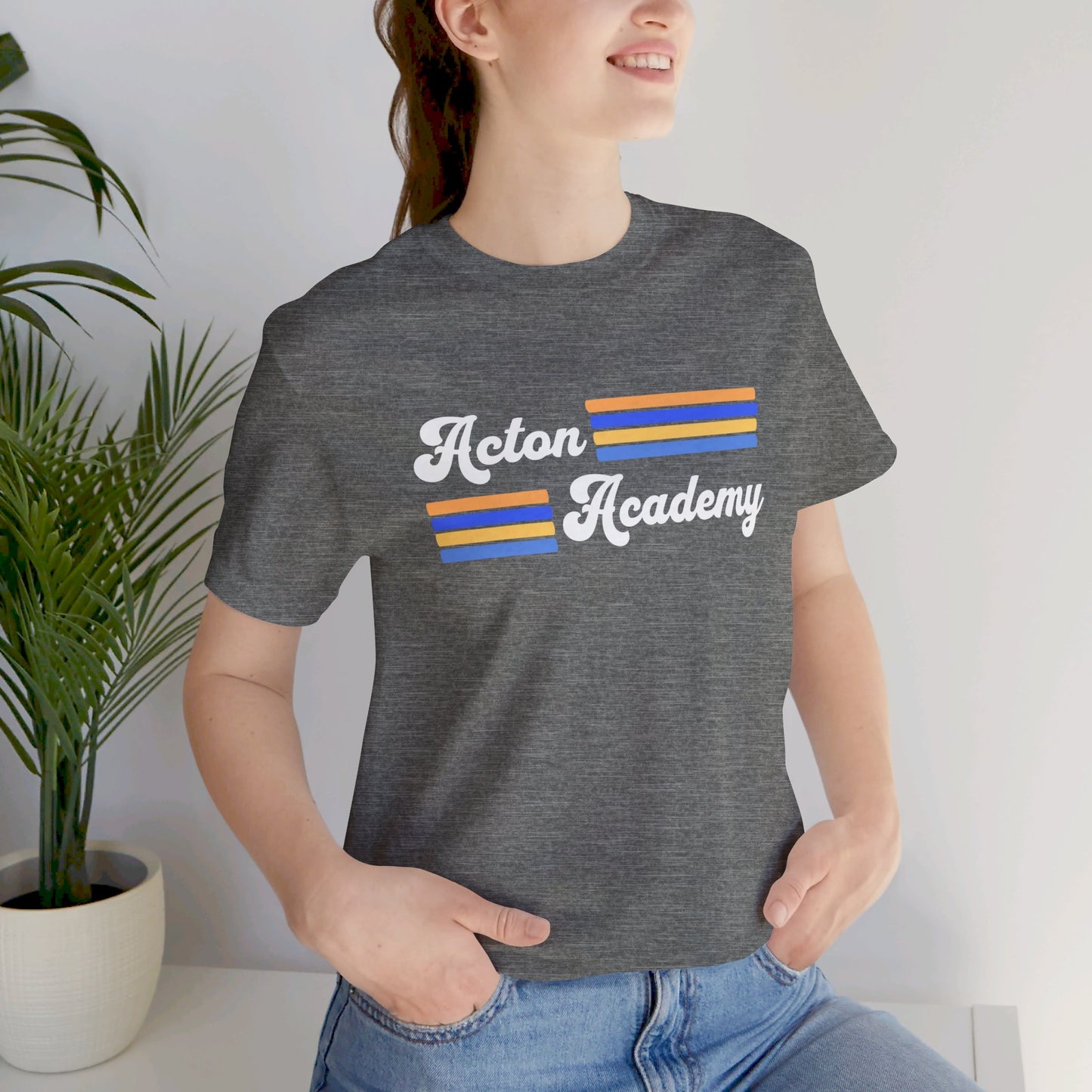 Acton Academy Blue Striped w/ NW Indy on back Unisex Jersey Short Sleeve T-shirt