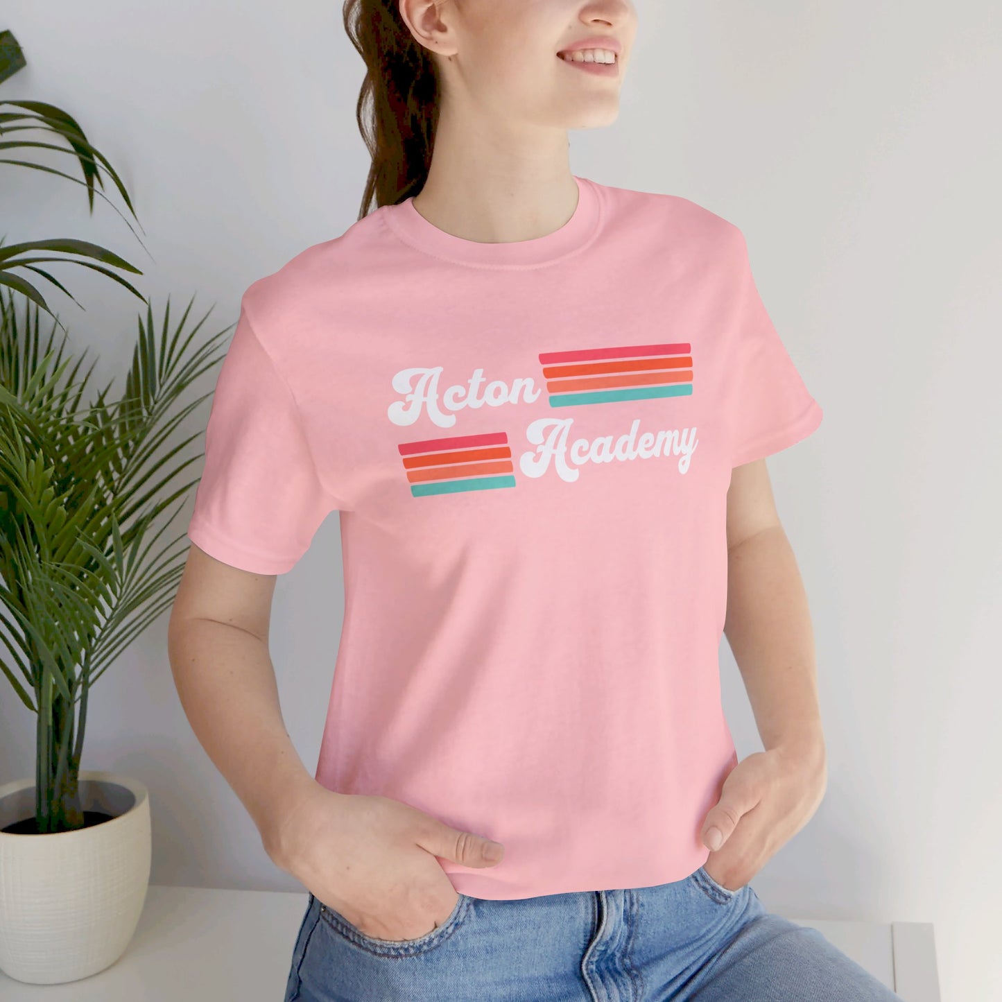 Acton Academy Pink Striped Unisex Jersey Short Sleeve Tee