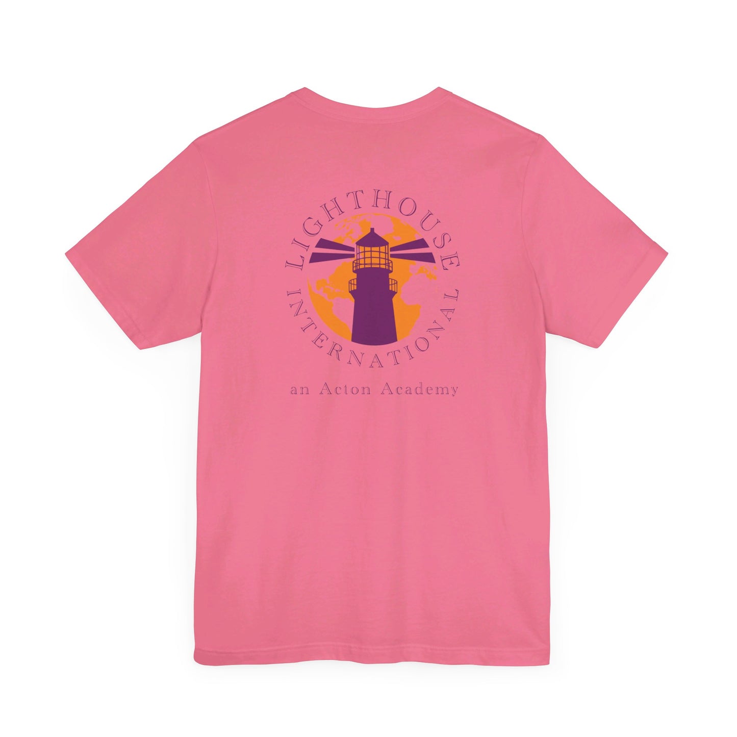 Be Curious with Lighthouse International logo on back Unisex Jersey Short Sleeve Tee