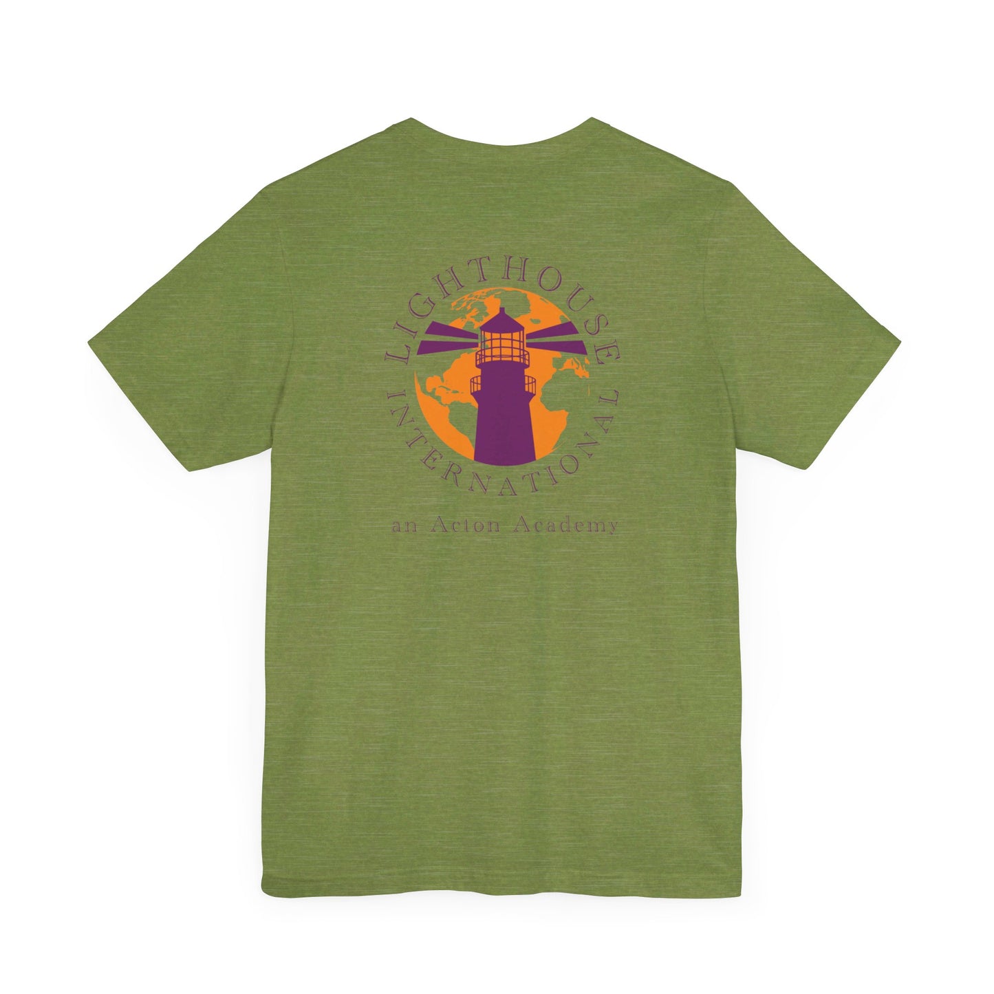Be Curious with Lighthouse International logo on back Unisex Jersey Short Sleeve Tee