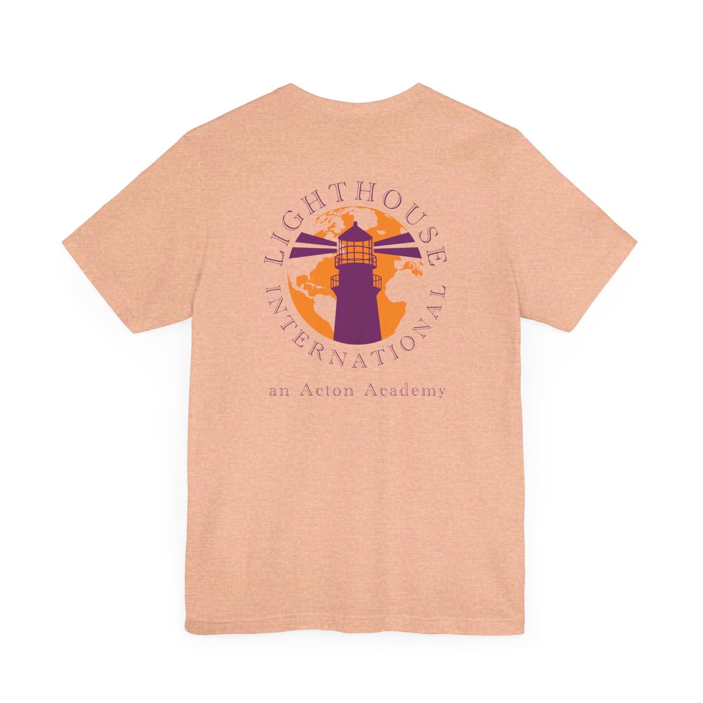 Be Curious simple w/ Lighthouse International on back Unisex Jersey Short Sleeve Tee