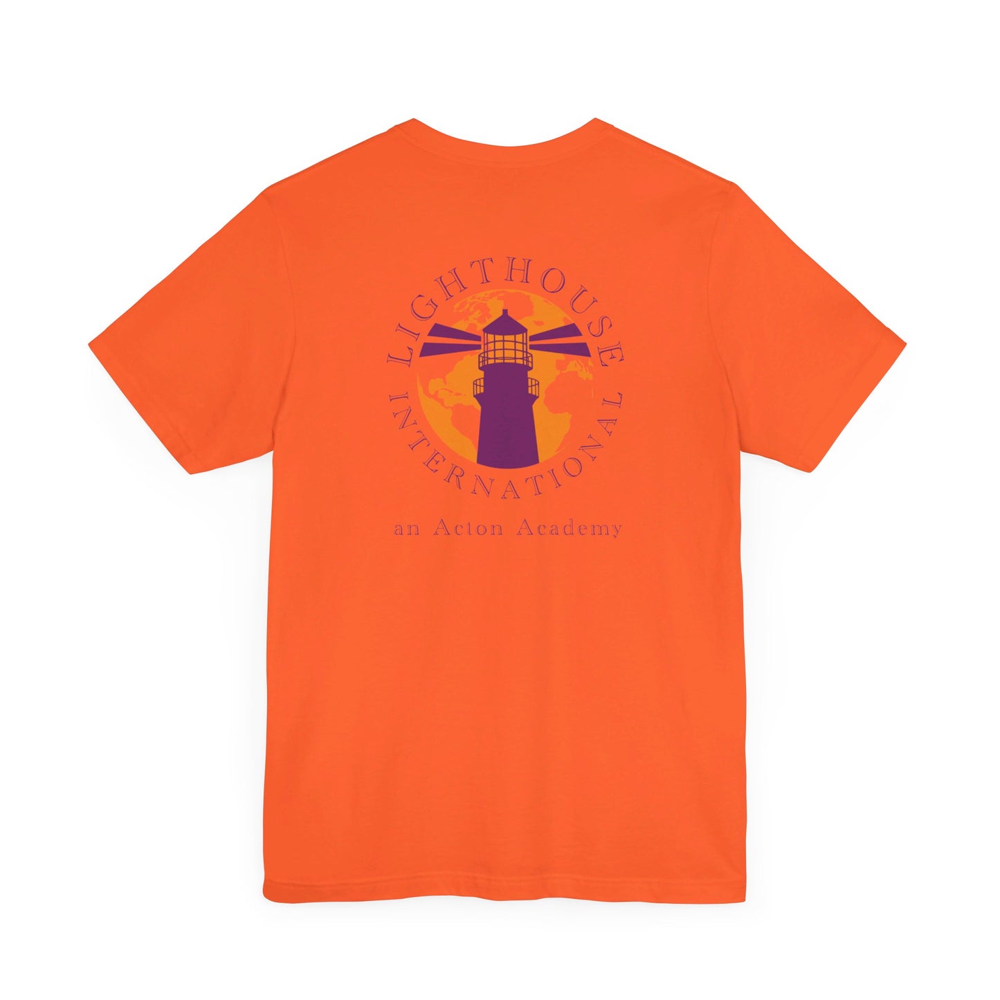 Be Curious with Lighthouse International logo on back Unisex Jersey Short Sleeve Tee