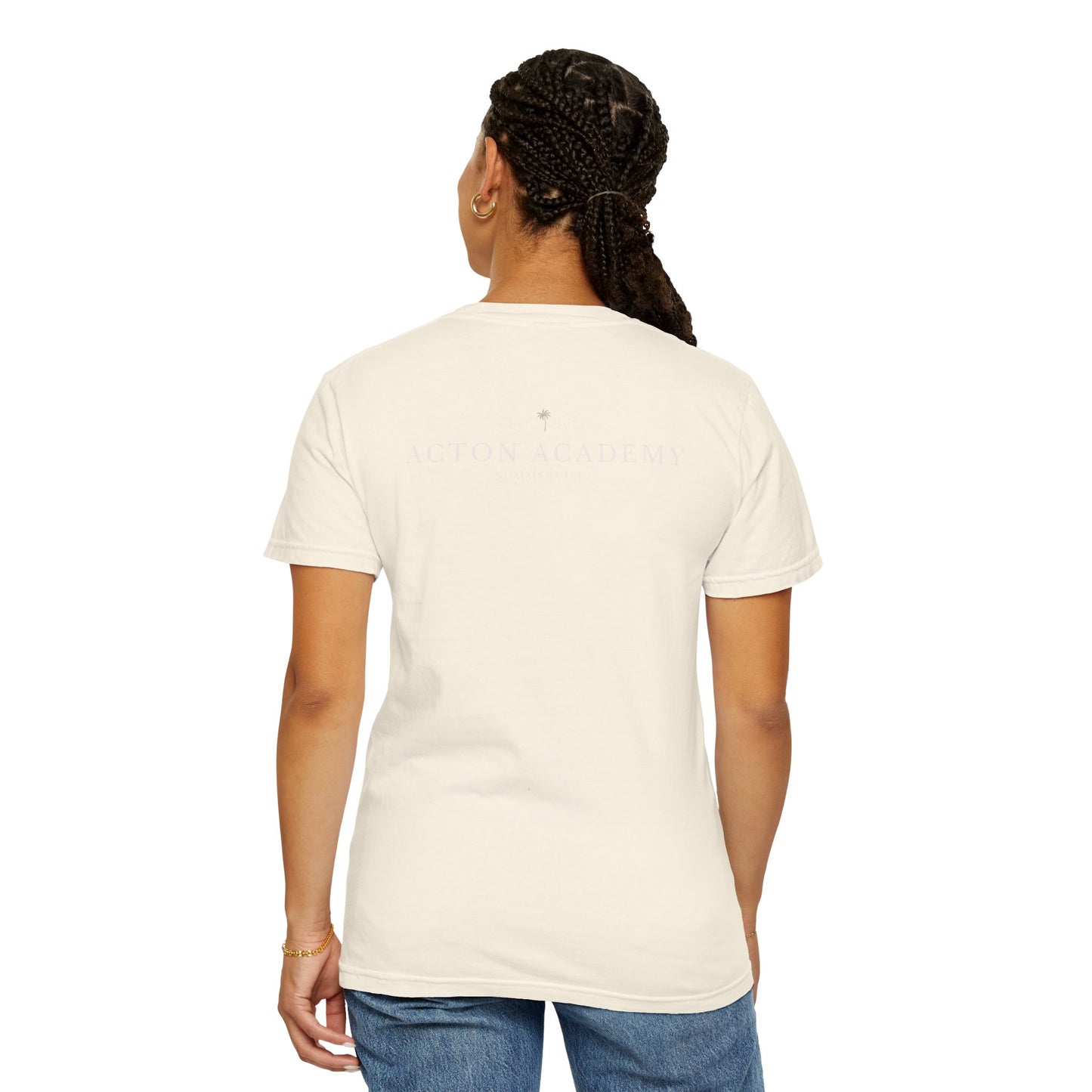 Be Curious Box with small Acton Academy Summerville on back Unisex Garment-Dyed T-shirt