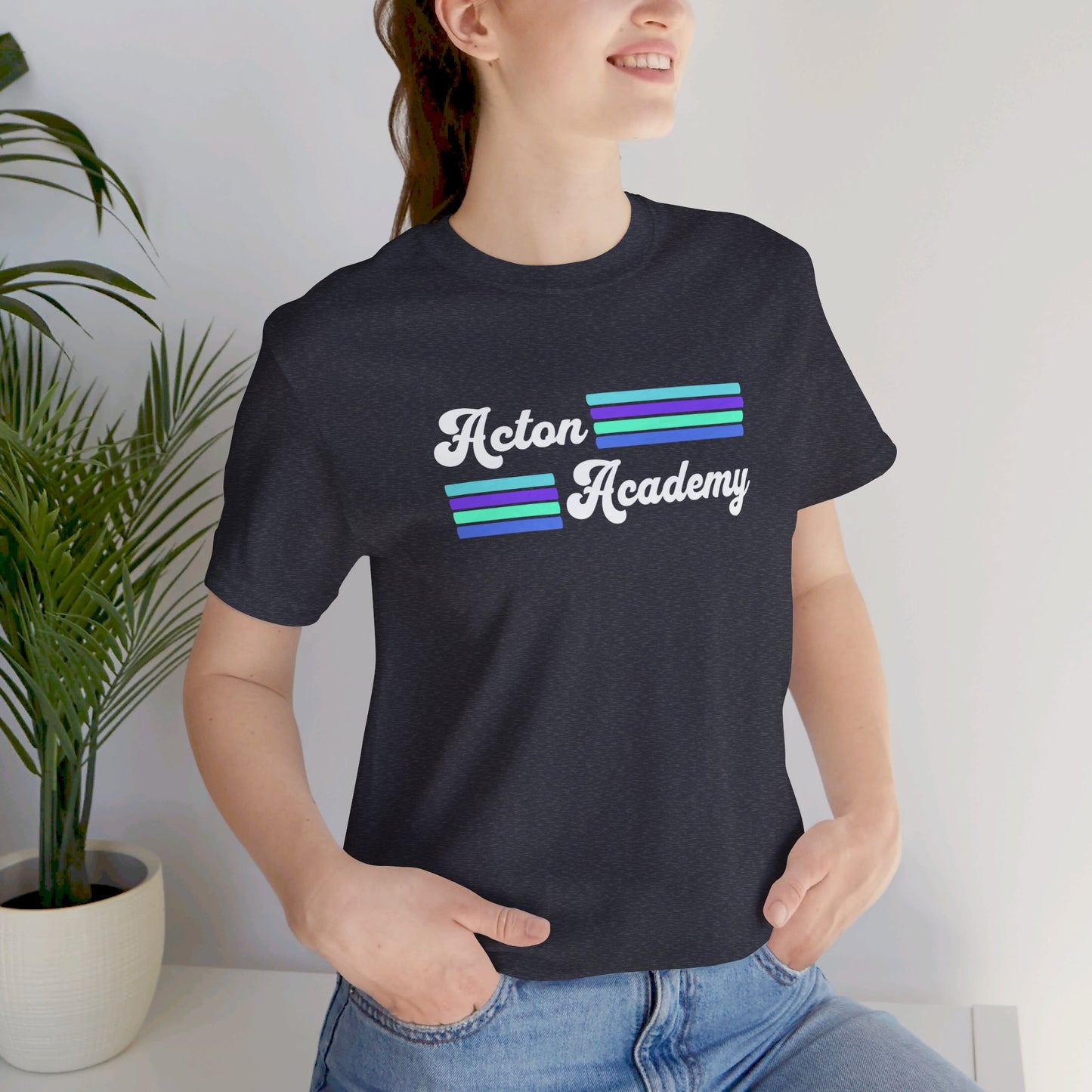Acton Academy Aqua Striped with Ivy Greene on back Unisex Jersey Short Sleeve Tee
