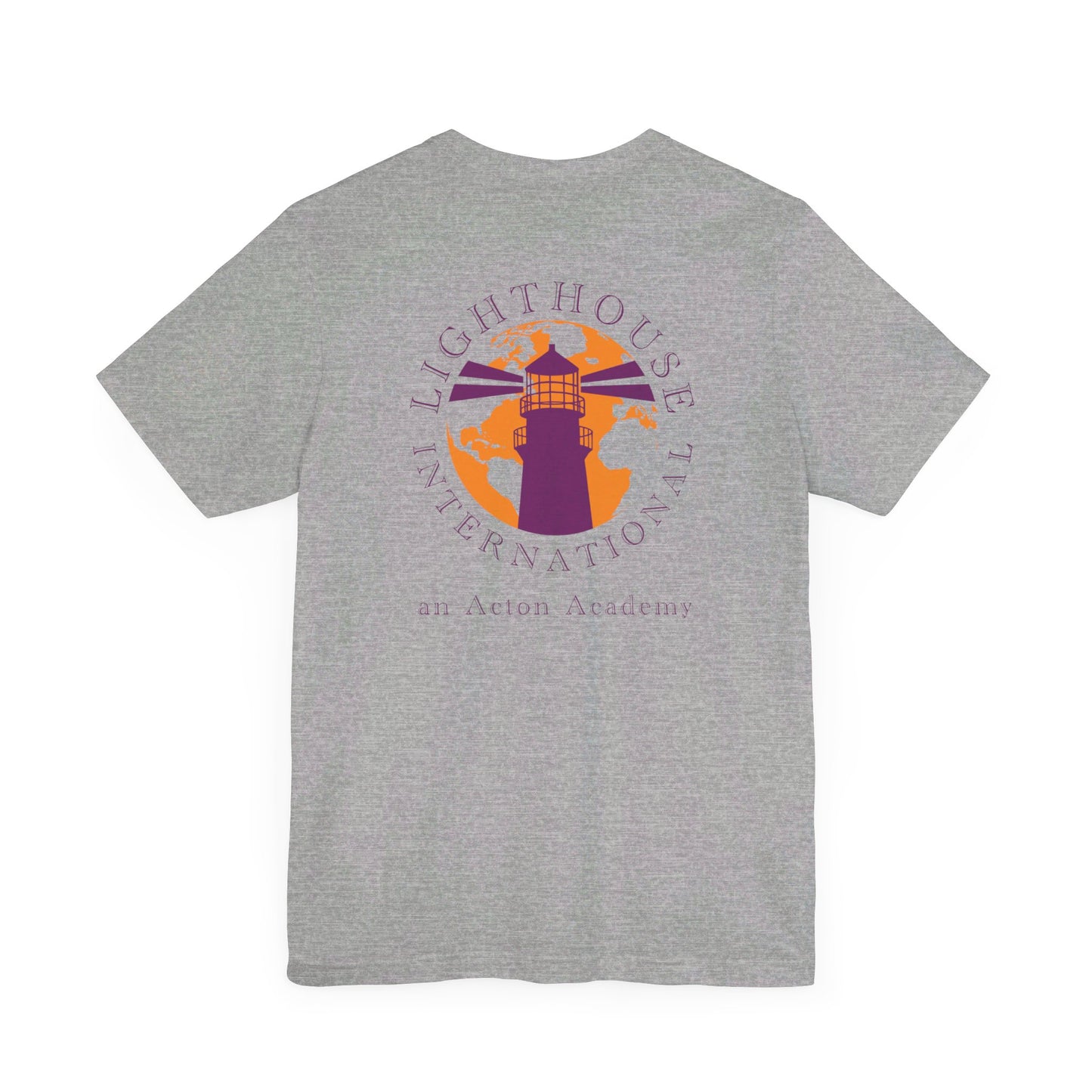 Be Curious simple w/ Lighthouse International on back Unisex Jersey Short Sleeve Tee