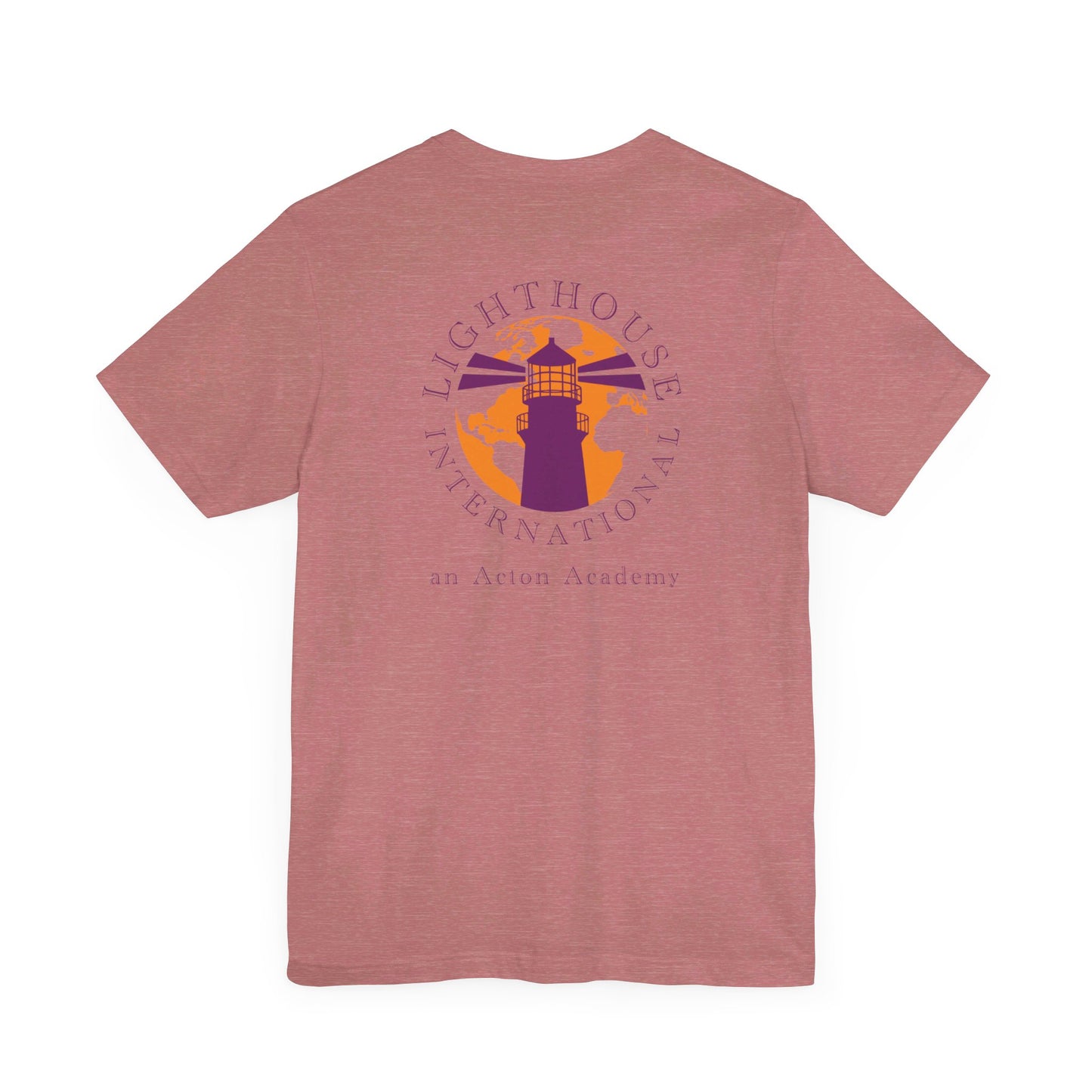 Be Curious with Lighthouse International logo on back Unisex Jersey Short Sleeve Tee