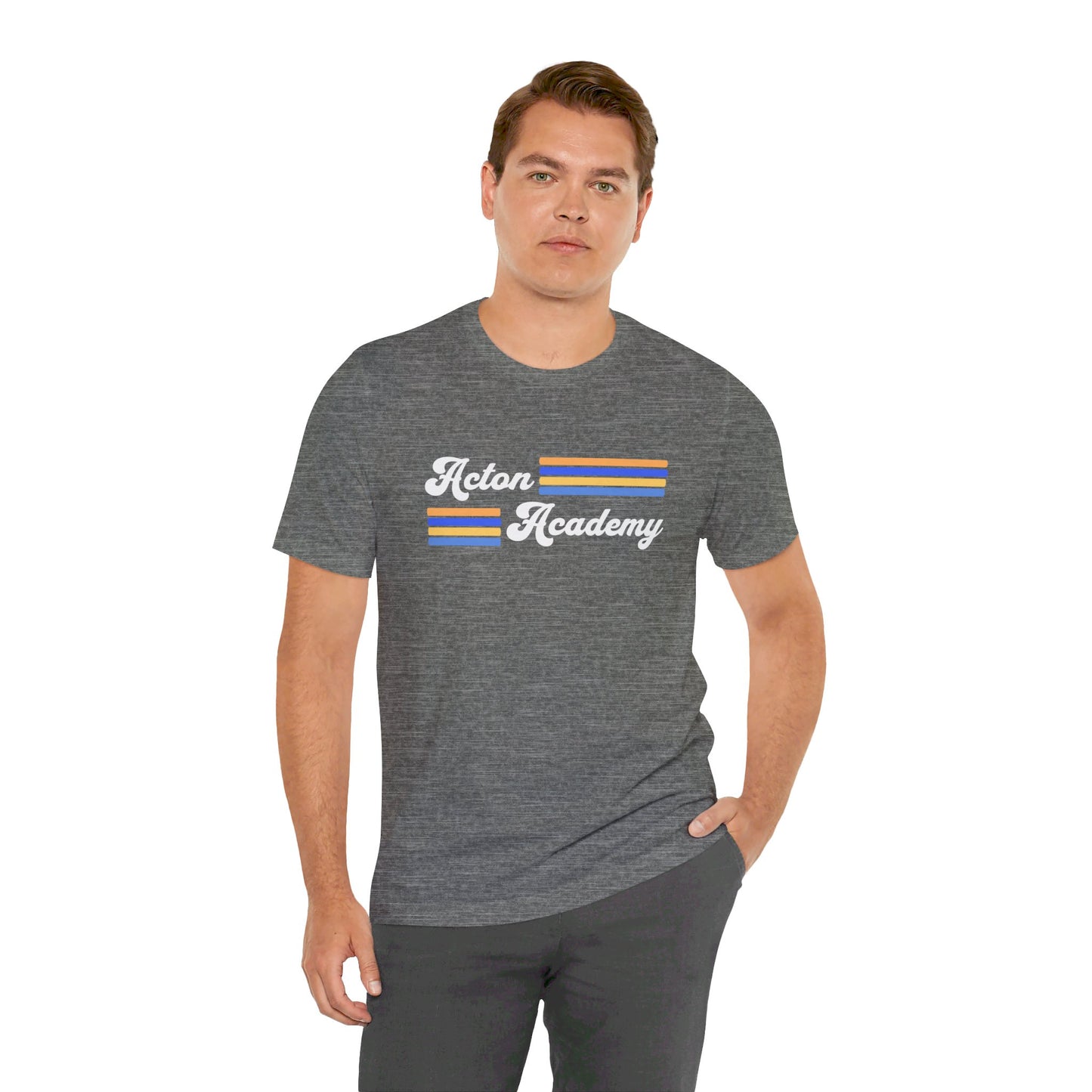 Acton Academy Blue Striped w/ NW Indy on back Unisex Jersey Short Sleeve T-shirt