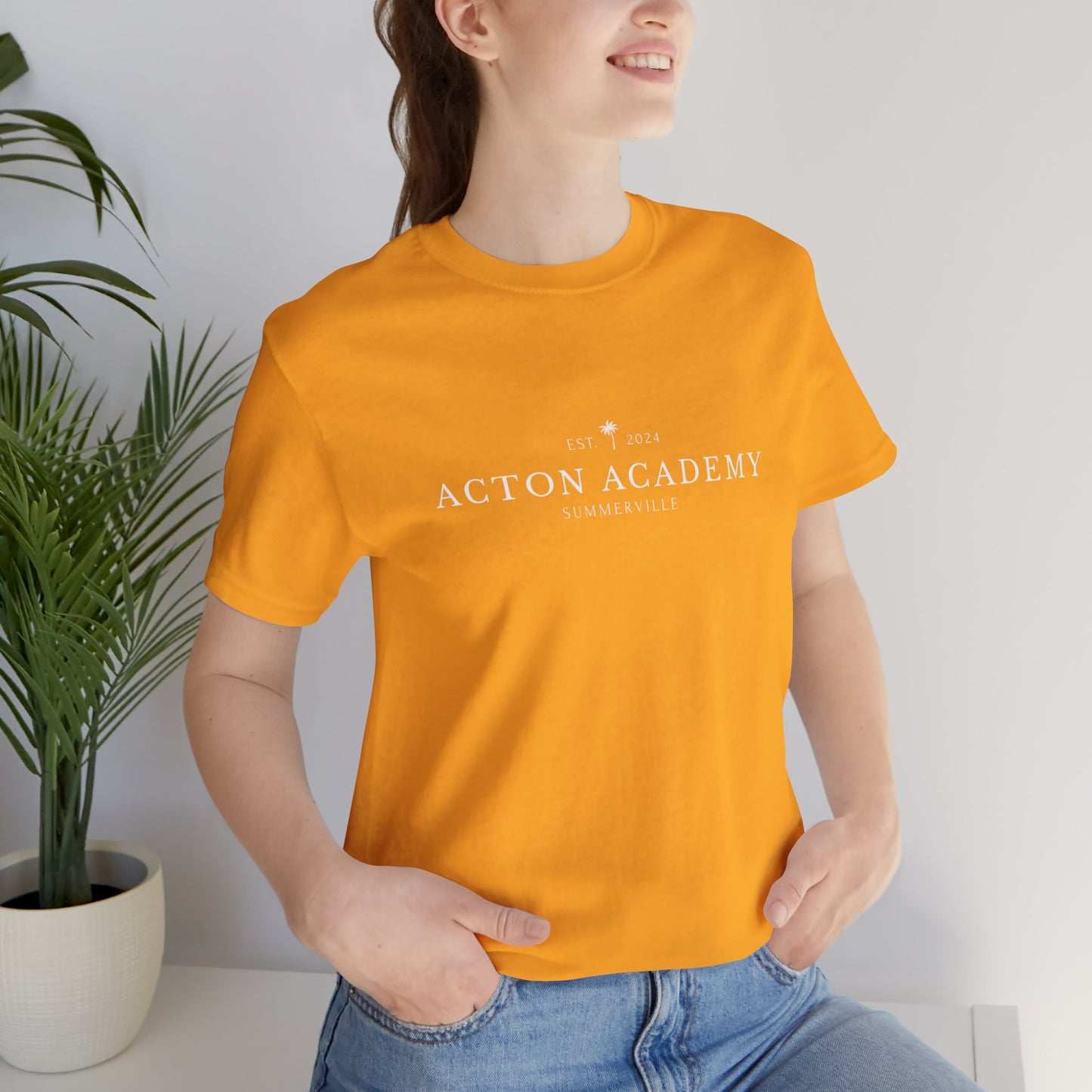 Be Curious box with Acton Academy Summerville on back Unisex Jersey Short Sleeve Tee
