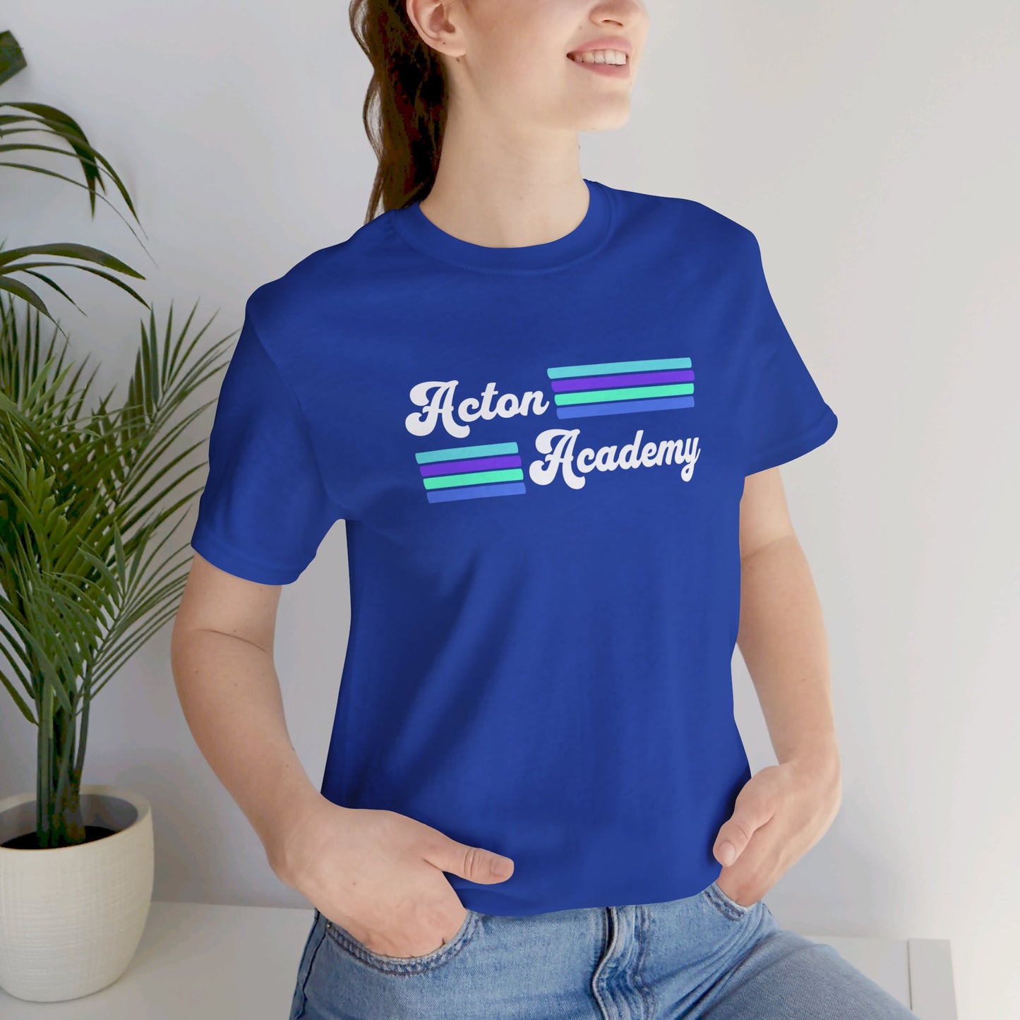 Acton Academy Aqua Striped with Ivy Greene on back Unisex Jersey Short Sleeve Tee