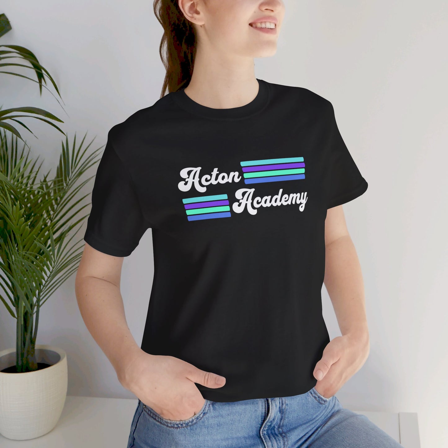 Acton Academy Aqua Striped with Ivy Greene on back Unisex Jersey Short Sleeve Tee