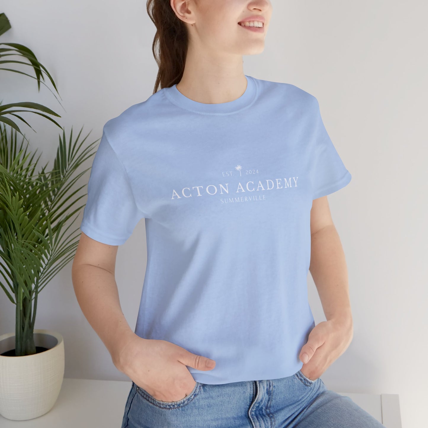 Be Curious box with Acton Academy Summerville on back Unisex Jersey Short Sleeve Tee