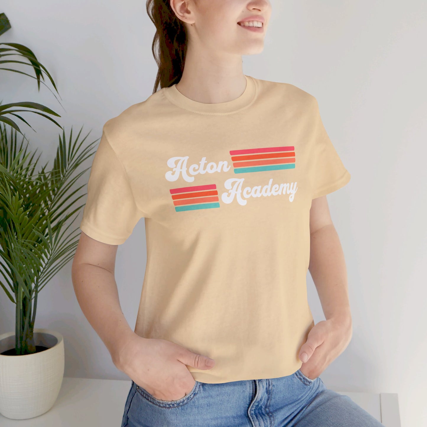 Acton Academy Pink Striped Unisex Jersey Short Sleeve Tee