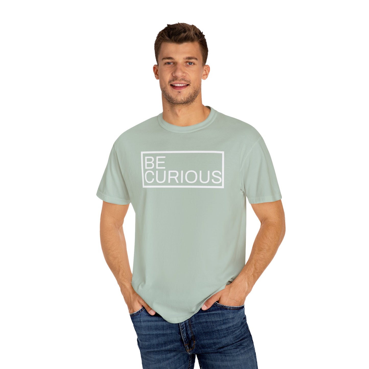 Be Curious Box with small Acton Academy Summerville on back Unisex Garment-Dyed T-shirt