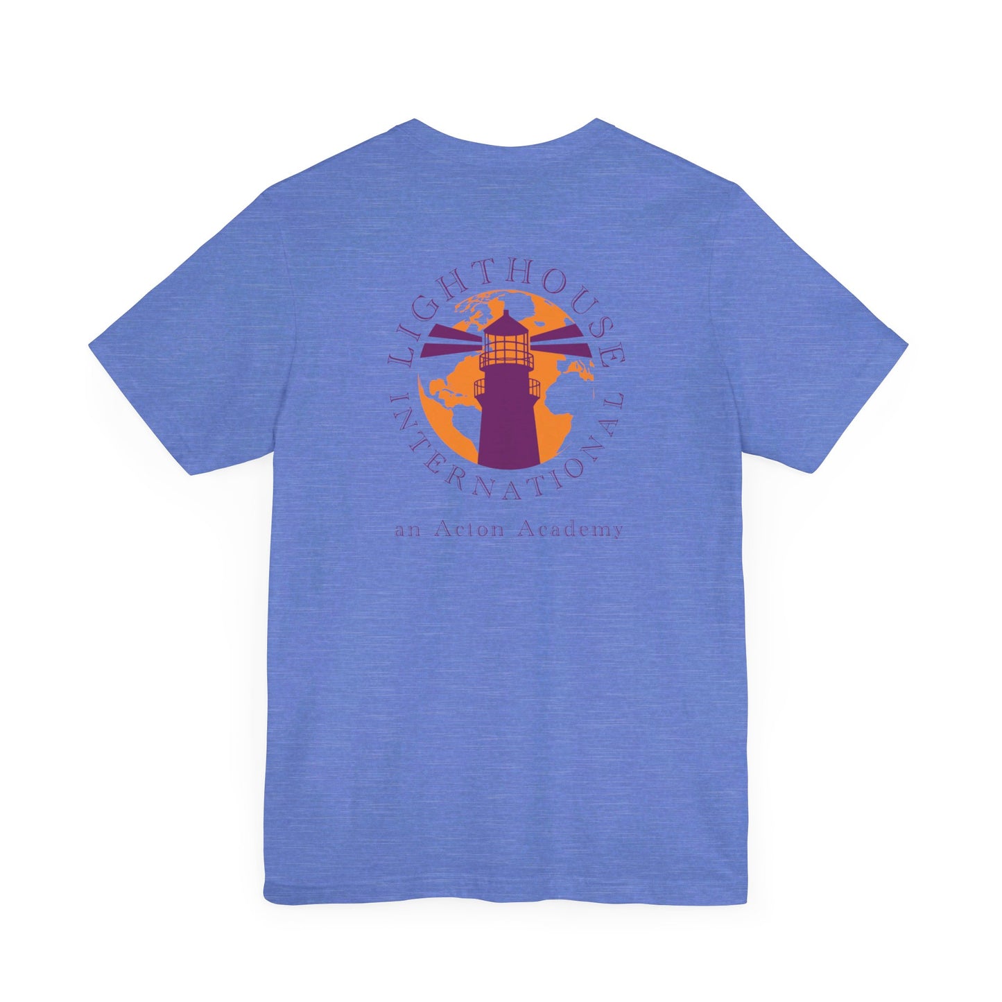 Be Curious with Lighthouse International logo on back Unisex Jersey Short Sleeve Tee
