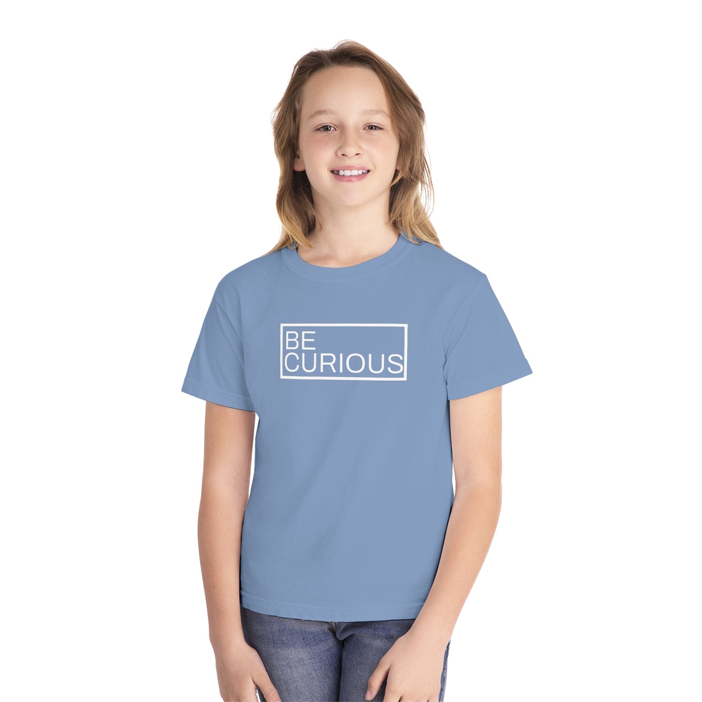 Be Curious Box with Acton Academy Summerville on back Youth Midweight Tee