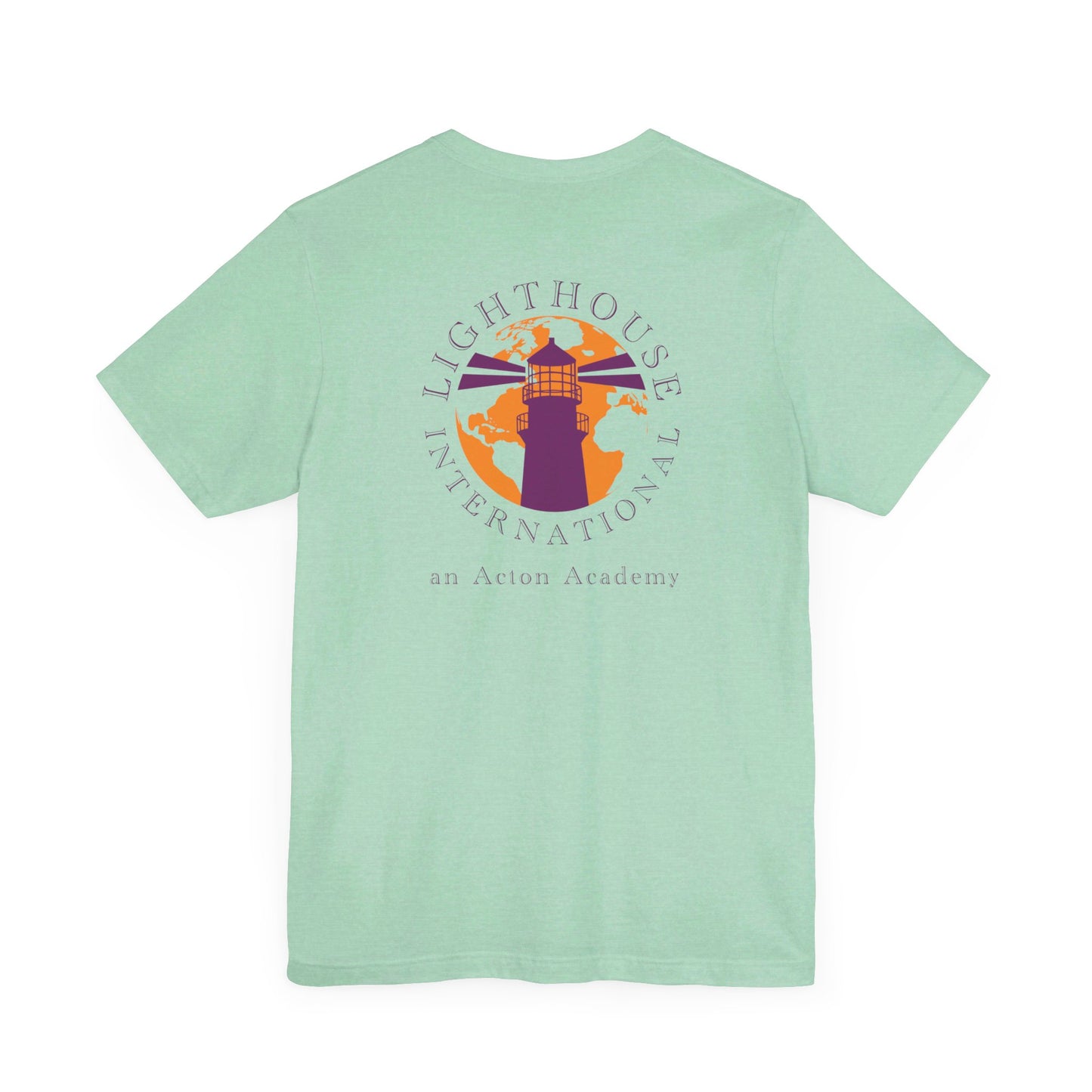 Be Curious with Lighthouse International logo on back Unisex Jersey Short Sleeve Tee