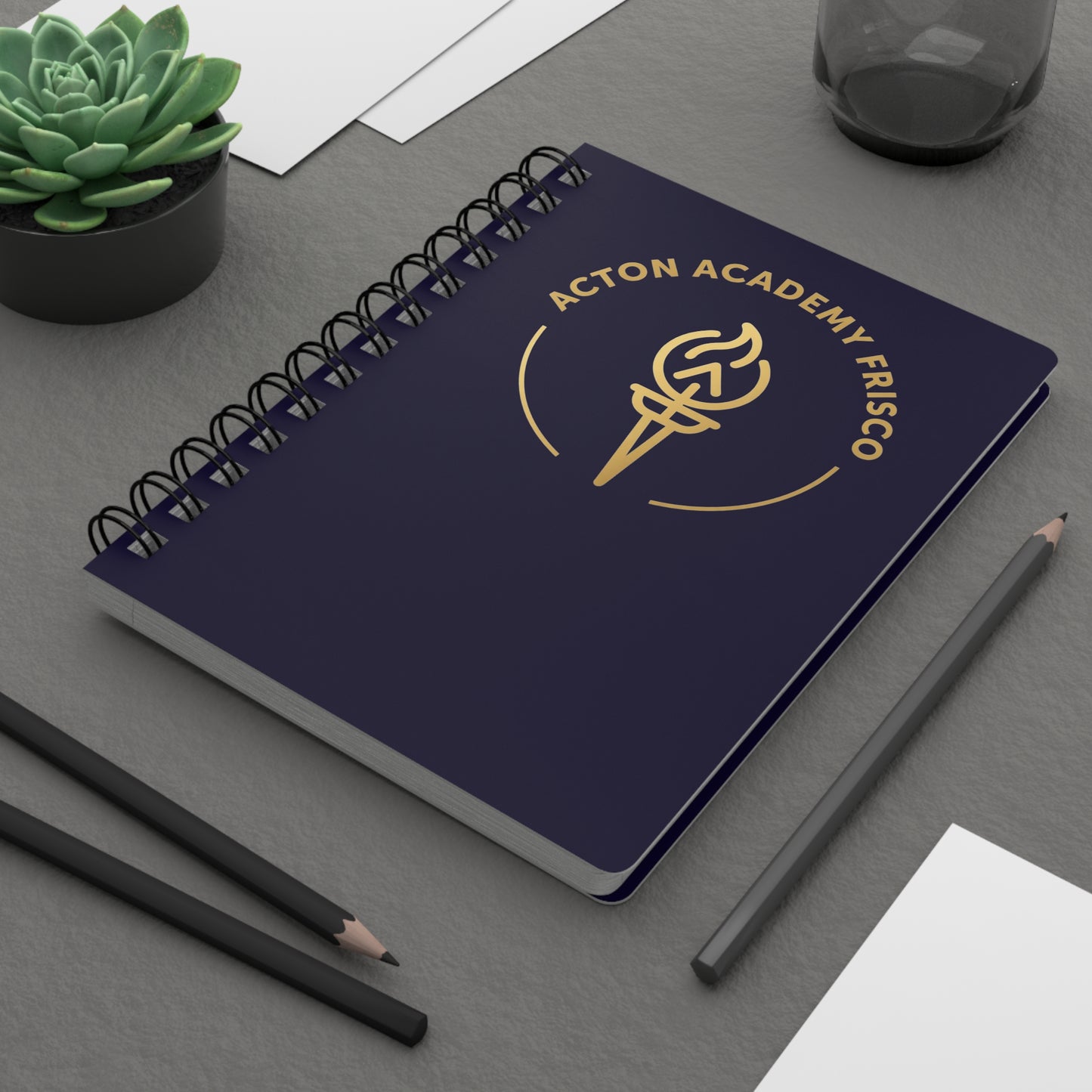 Acton Academy Frisco Spiral Journal — Navy Notebook with Gold Torch Logo
