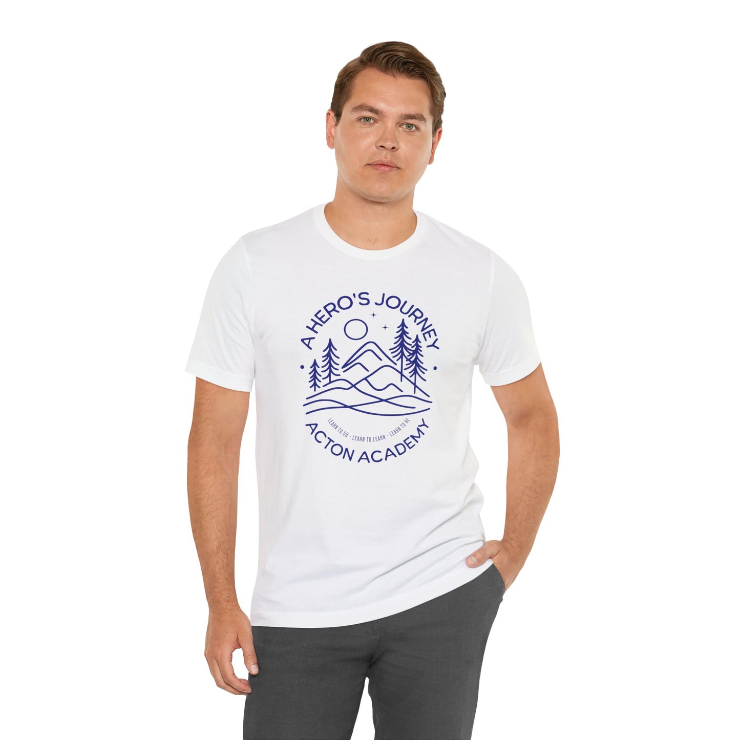 Hero's Journey Line Drawing with Acton Lakewood on back Unisex Jersey Short Sleeve Tee