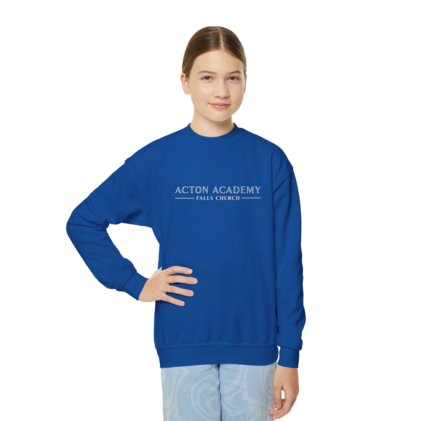 Acton Academy Falls Church White Logo Youth Crewneck Sweatshirt