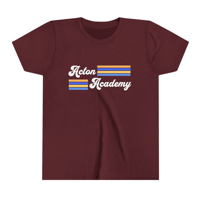 Acton Academy Blue Striped with Madison West on back Youth Short Sleeve Tee