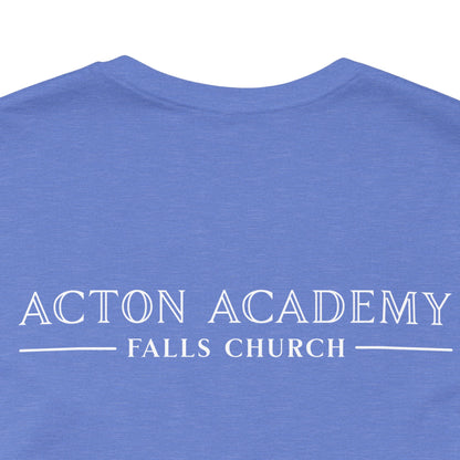 Be Curious with Falls Church on back Plain Unisex Jersey Short Sleeve Tee