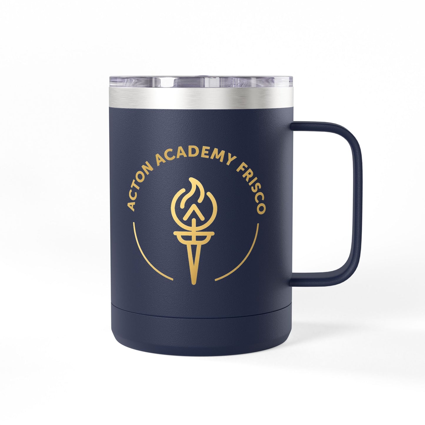 15oz Navy Travel Mug with Gold 'Acton Academy Frisco' Torch Logo