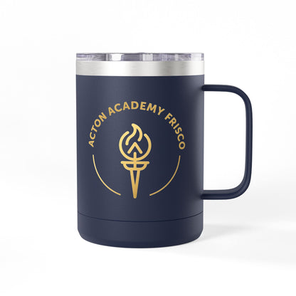 15oz Navy Travel Mug with Gold 'Acton Academy Frisco' Torch Logo