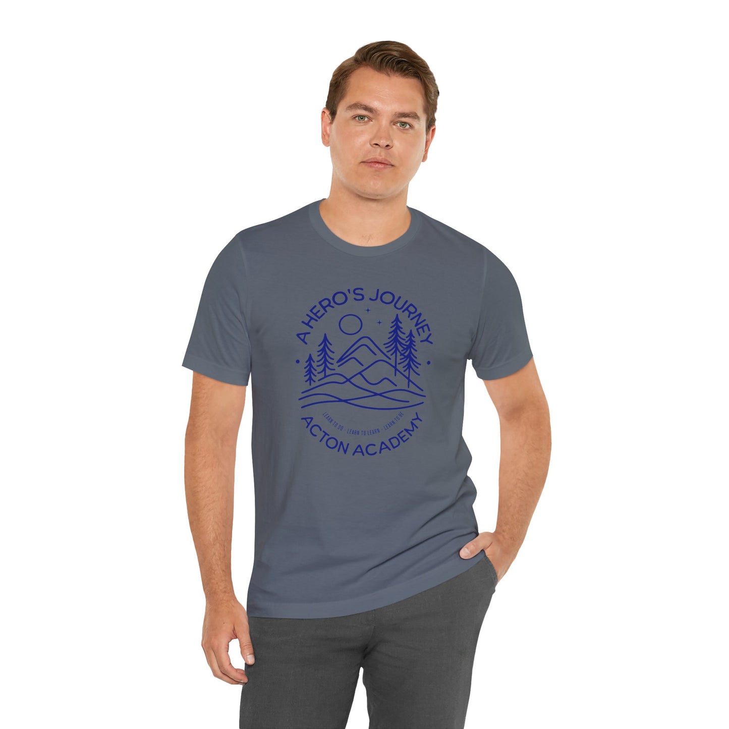 Hero's Journey Line Drawing with Acton Lakewood on back Unisex Jersey Short Sleeve Tee