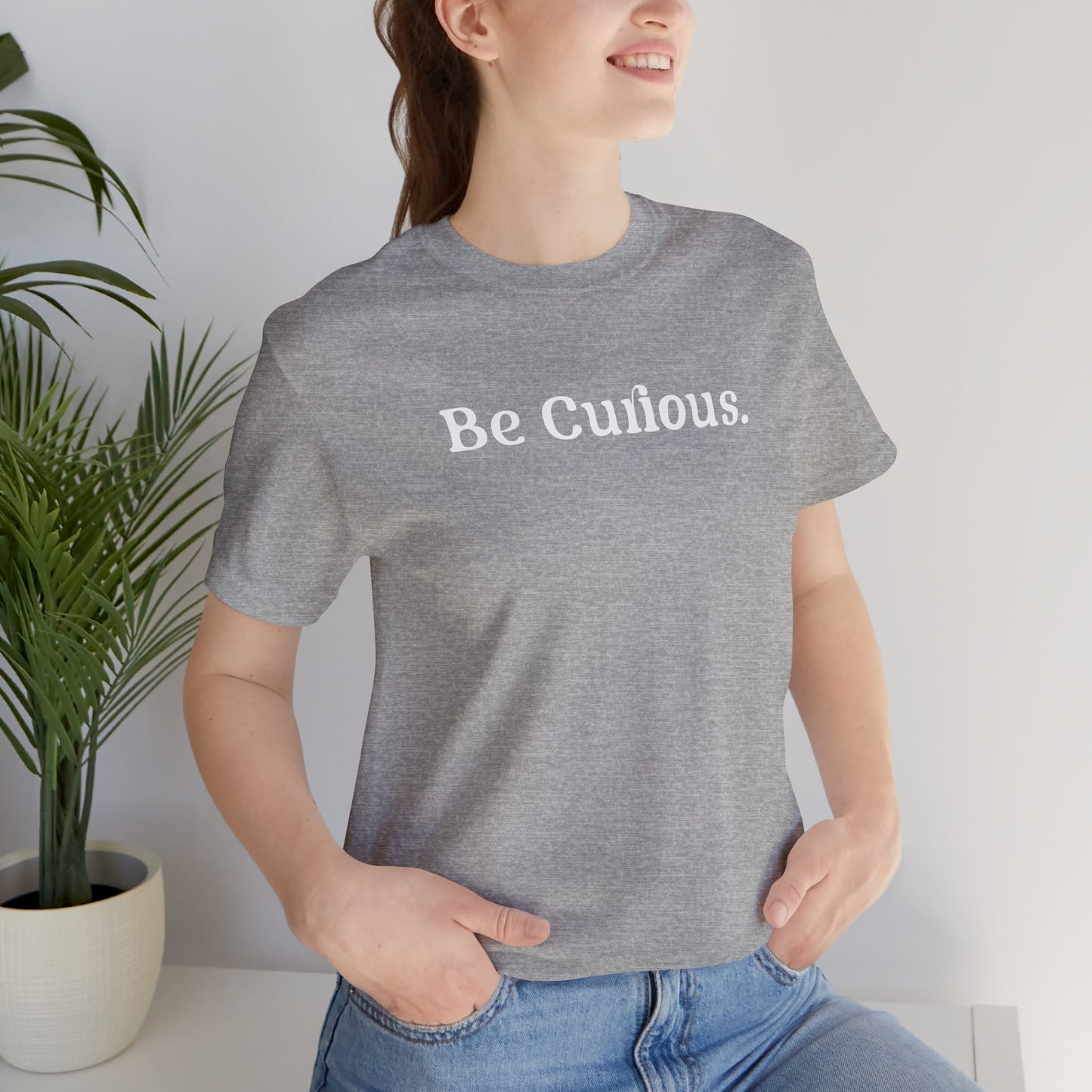 Be Curious with Falls Church on back Plain Unisex Jersey Short Sleeve Tee