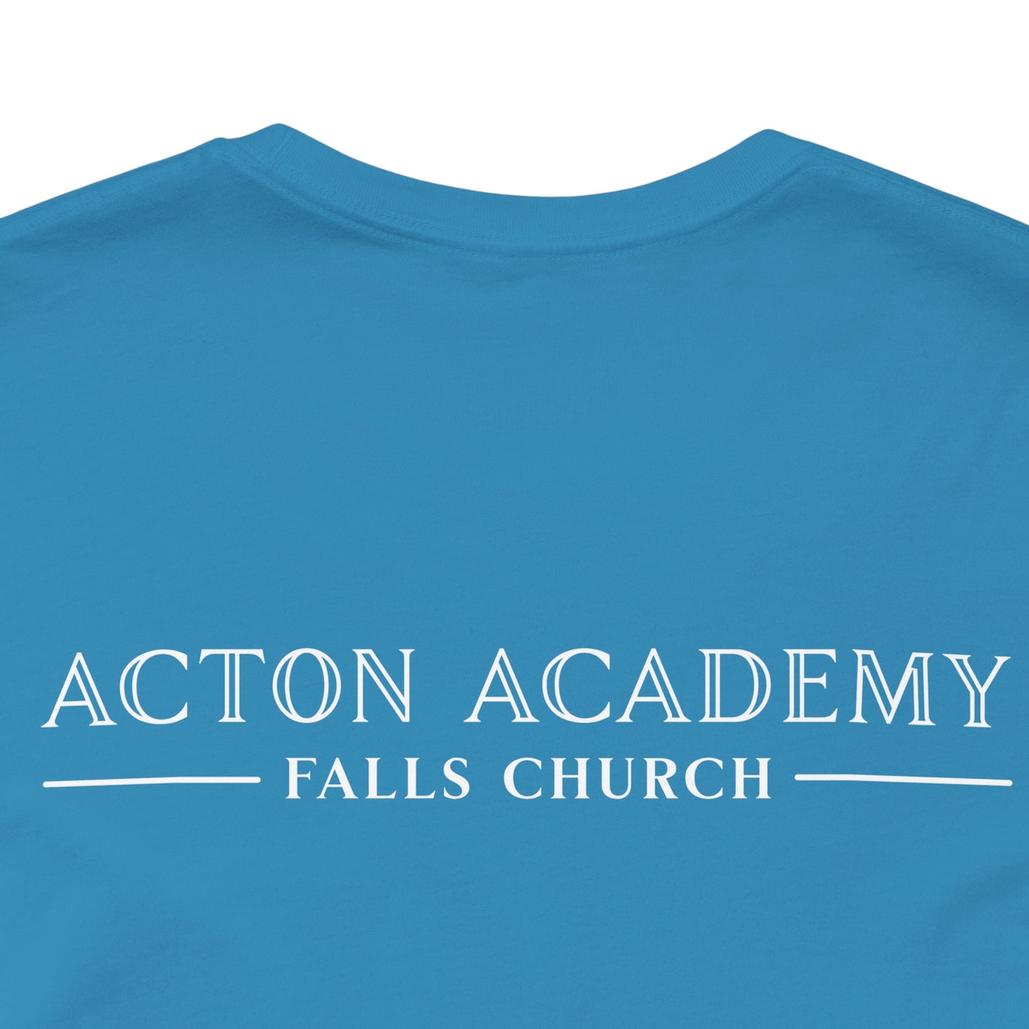 Be Curious with Falls Church on back Plain Unisex Jersey Short Sleeve Tee