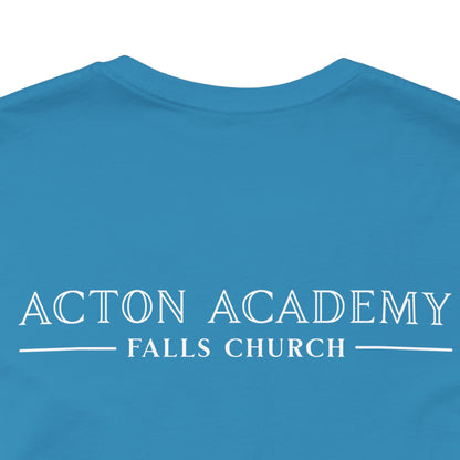 Be Curious with Falls Church on back Plain Unisex Jersey Short Sleeve Tee