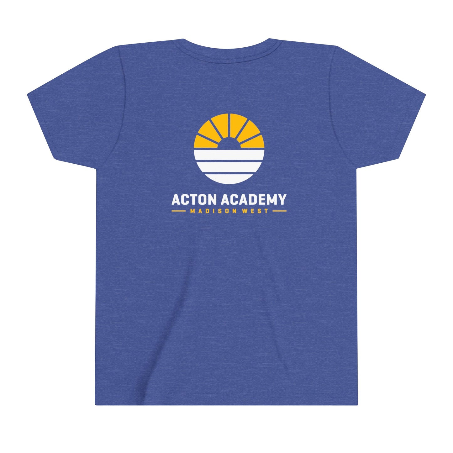 Acton Academy Blue Striped with Madison West on back Youth Short Sleeve Tee