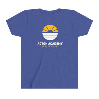 Acton Academy Blue Striped with Madison West on back Youth Short Sleeve Tee