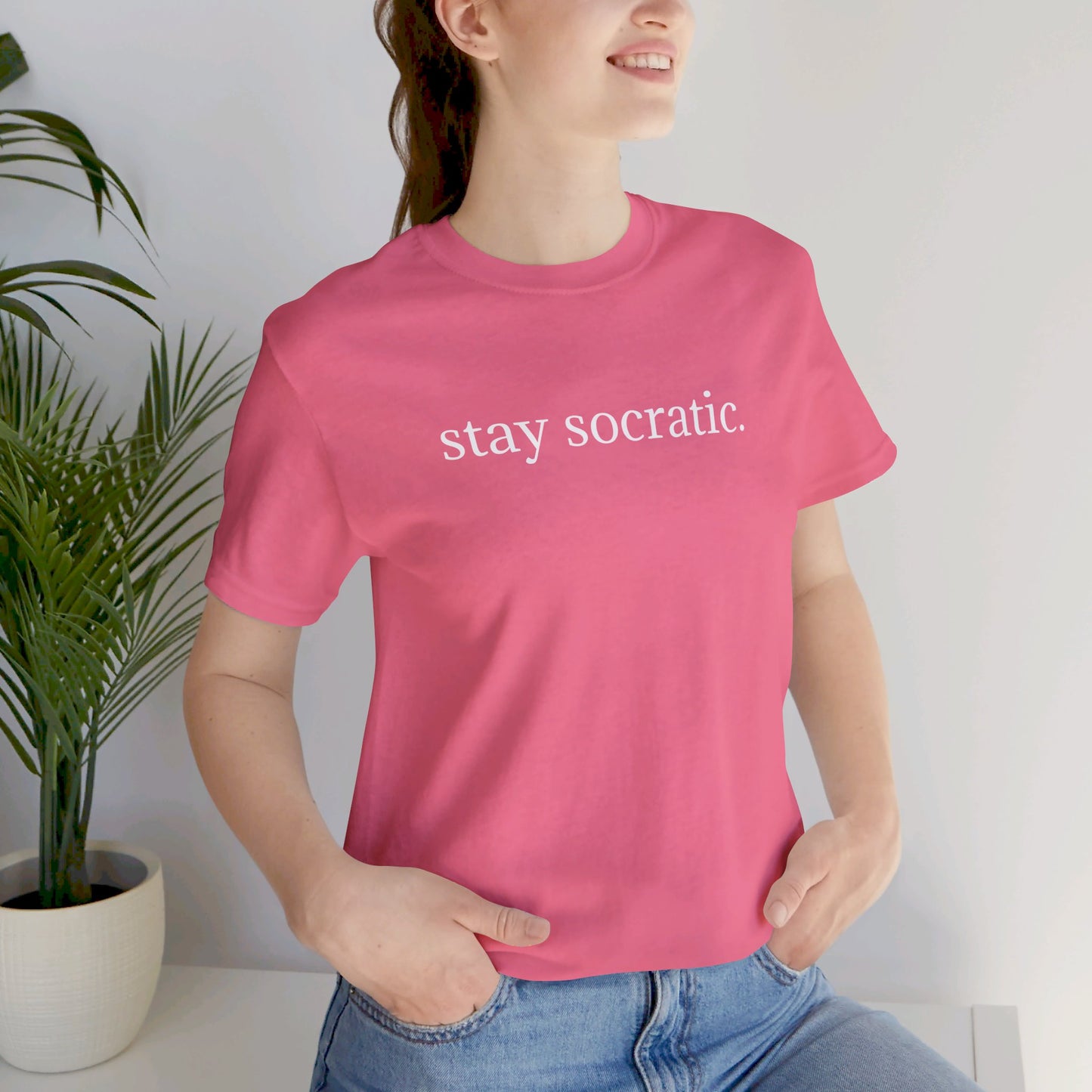 Stay Socratic Acton Madison West on back Unisex Jersey Short Sleeve Tee