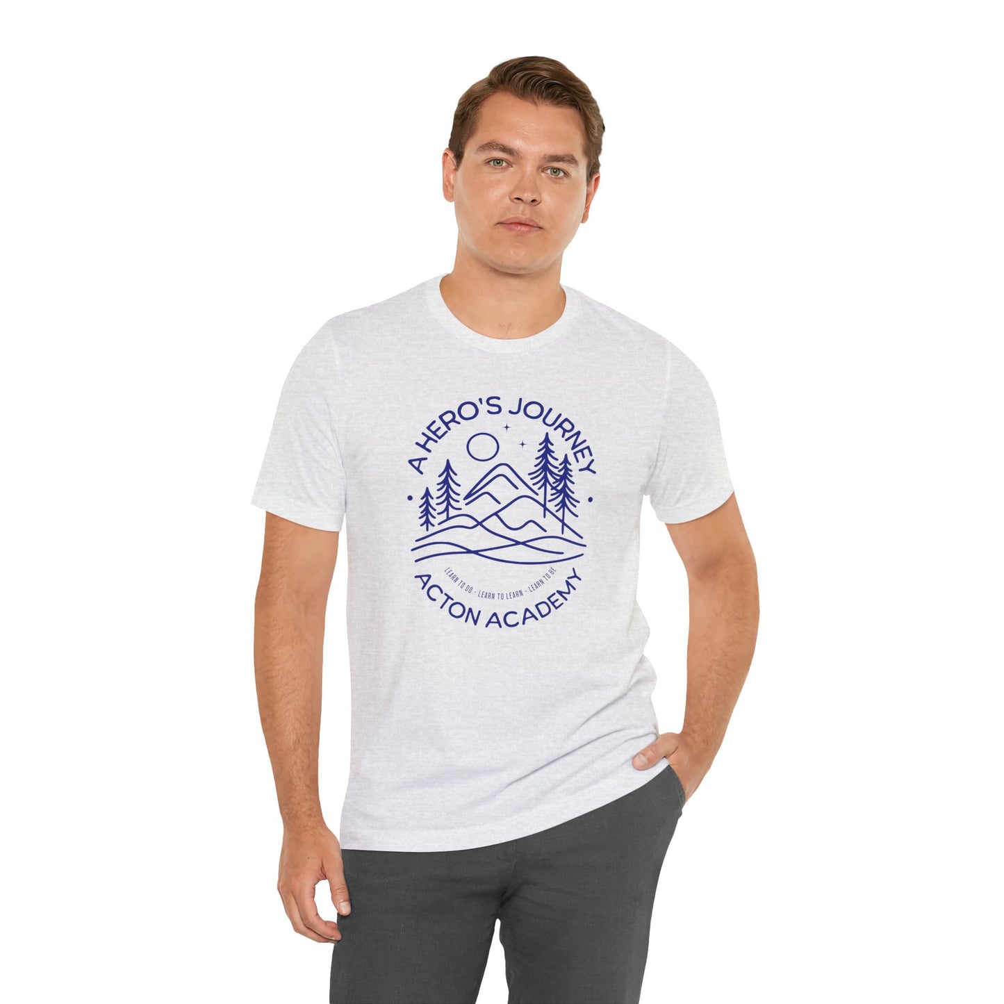 Hero's Journey Line Drawing with Acton Lakewood on back Unisex Jersey Short Sleeve Tee