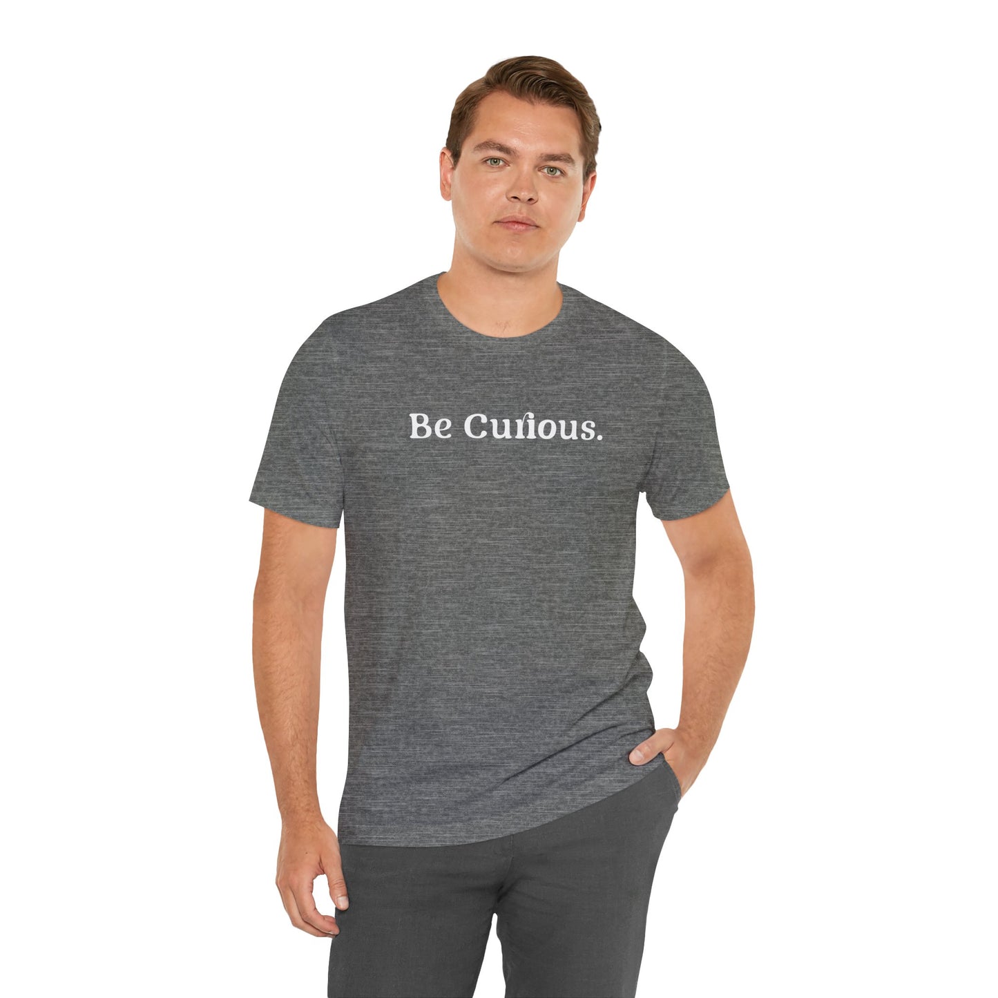 Be Curious with Falls Church on back Plain Unisex Jersey Short Sleeve Tee