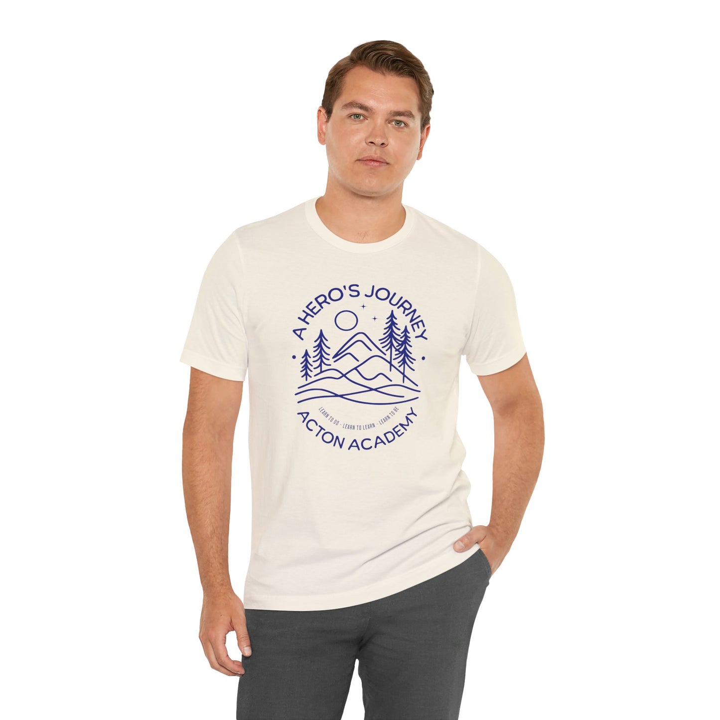 Hero's Journey Line Drawing with Acton Lakewood on back Unisex Jersey Short Sleeve Tee