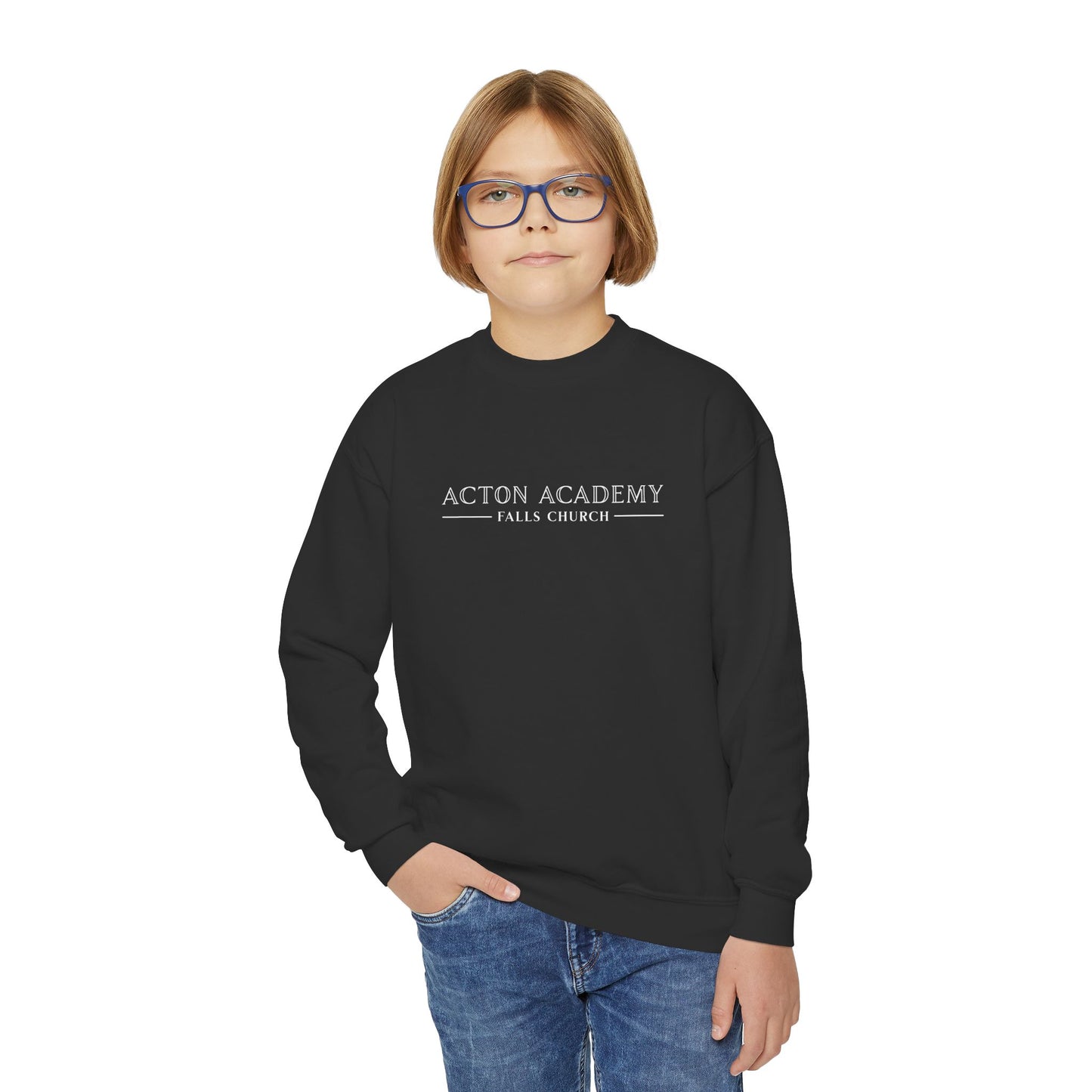 Acton Academy Falls Church White Logo Youth Crewneck Sweatshirt