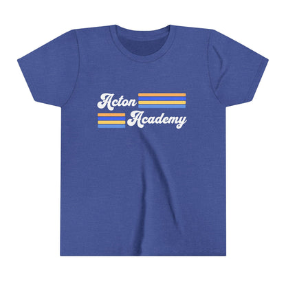 Acton Academy Blue Striped with Madison West on back Youth Short Sleeve Tee