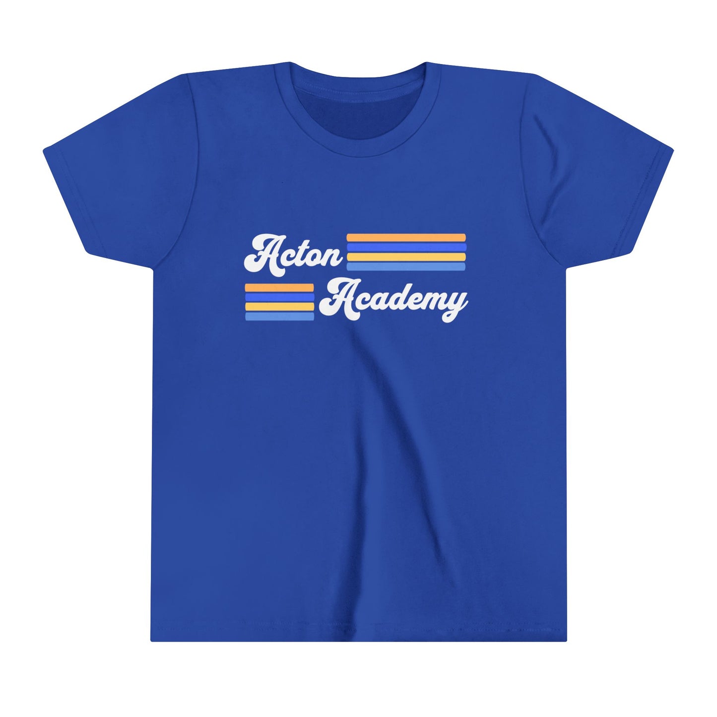 Acton Academy Blue Striped with Madison West on back Youth Short Sleeve Tee